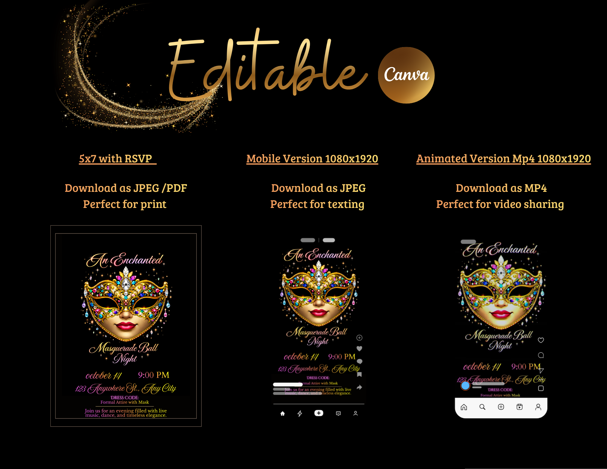Masquerade Ball Invitation Template, Editable Canva Invitation, Digital Masquerade Party Invite, Mobile Animated Invitation