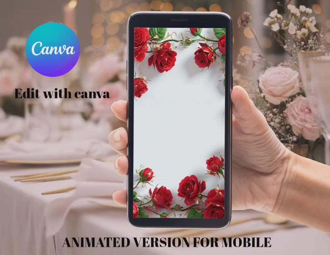 Red Rose Wedding Invitation Bundle, Animated Wedding Invite Canva Template, Printable 5x7, Mobile Invite 1080x1920, RSVP Card