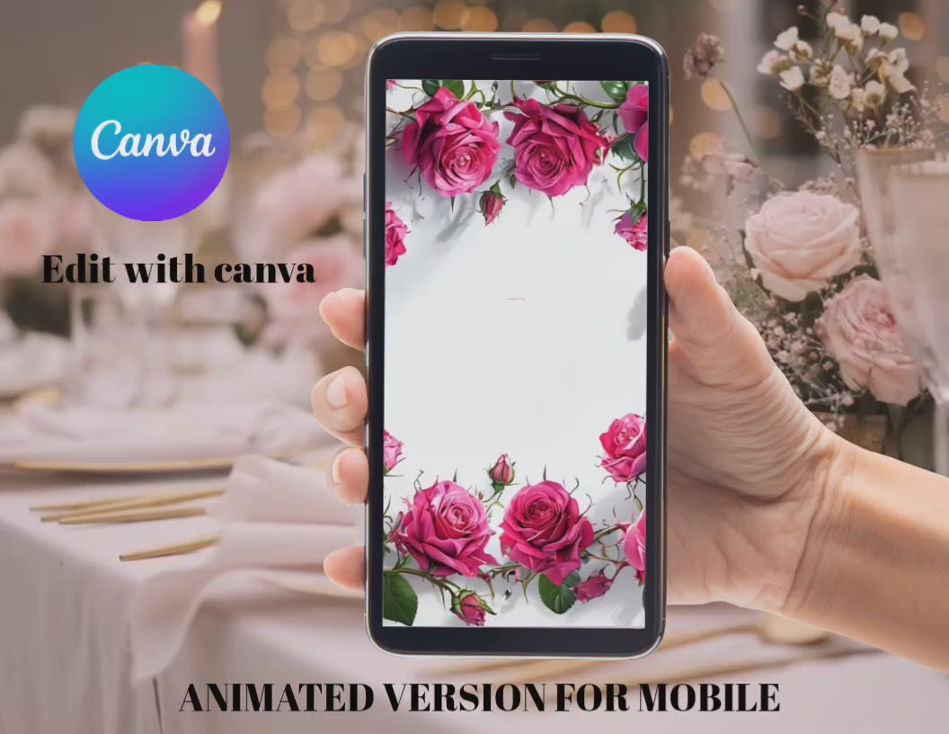 Pink Rose Wedding Invitation Bundle, Floral Wedding Invite Template, Romantic Canva Editable Invite, Printable & Mobile Version