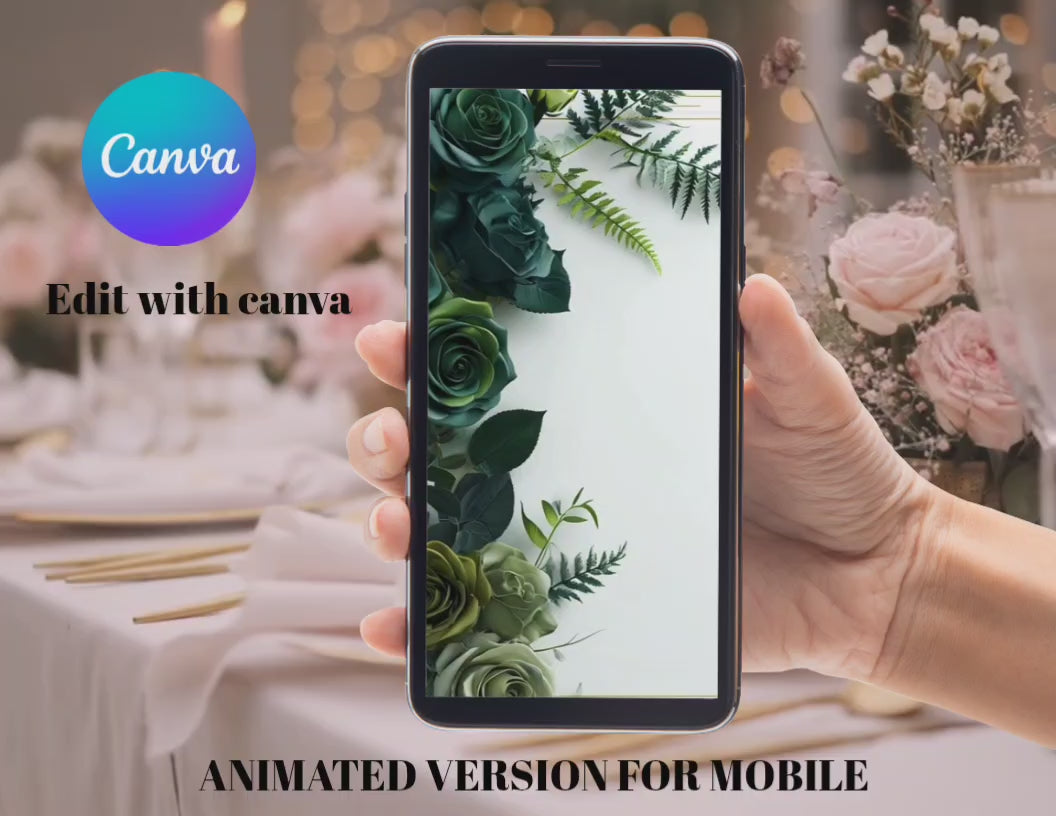 Dark Green Floral Digital Wedding Invitation – Printable 5x7 + Mobile & Animated 1080x1920 Version