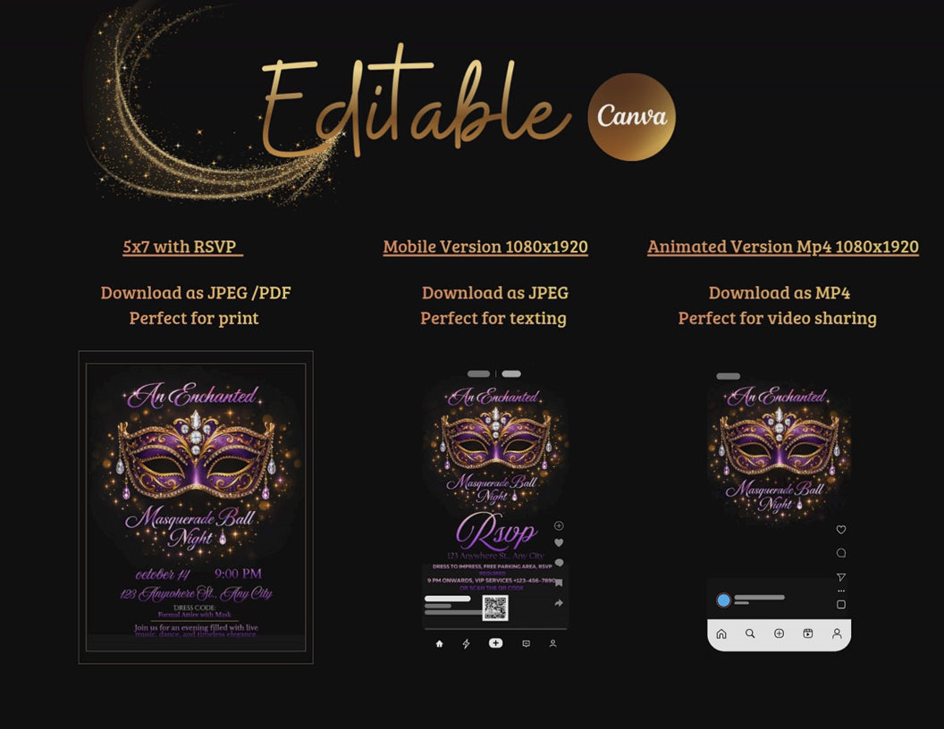 Masquerade Ball Invitation Template, Purple Gold Mask Party Invite, Editable Digital Invitation, Printable 5x7, Mobile & Animated Invite