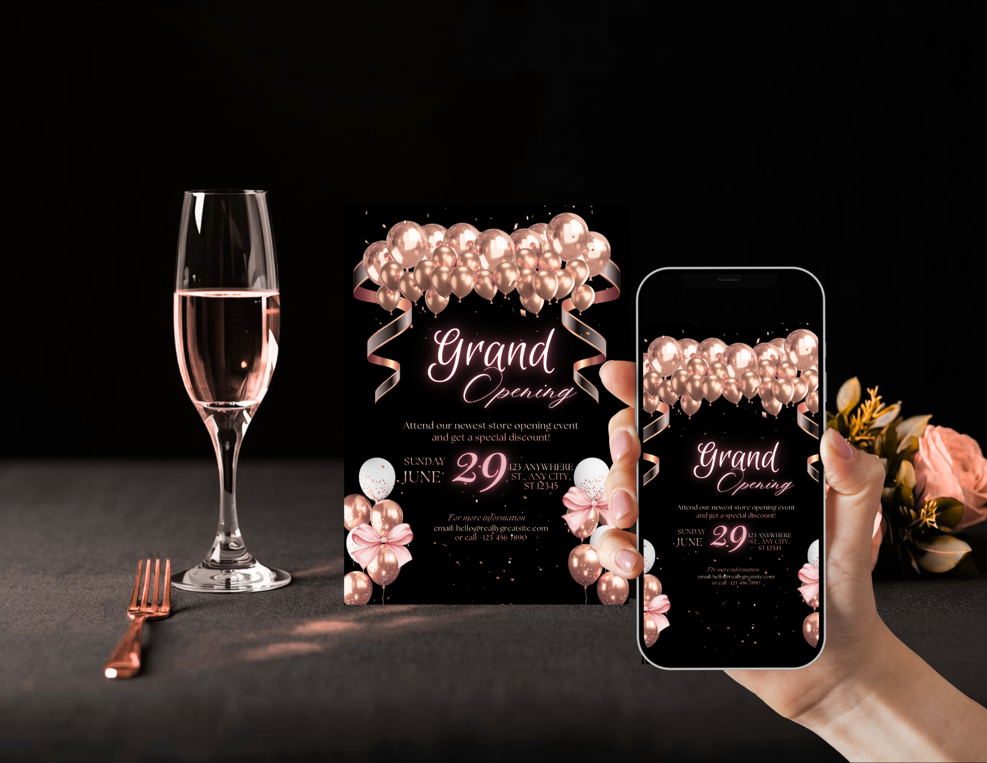 Rose Gold Grand Opening Invitation Template | Luxury Editable Canva Invite | Printable 5x7 + Mobile Invitation | Business Opening Announcement