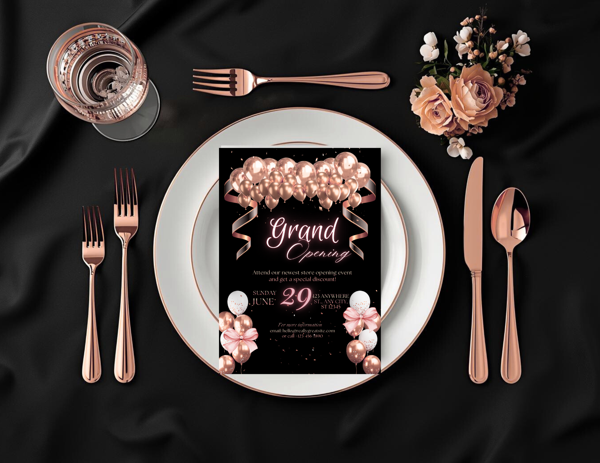 Rose Gold Grand Opening Invitation Template | Luxury Editable Canva Invite | Printable 5x7 + Mobile Invitation | Business Opening Announcement