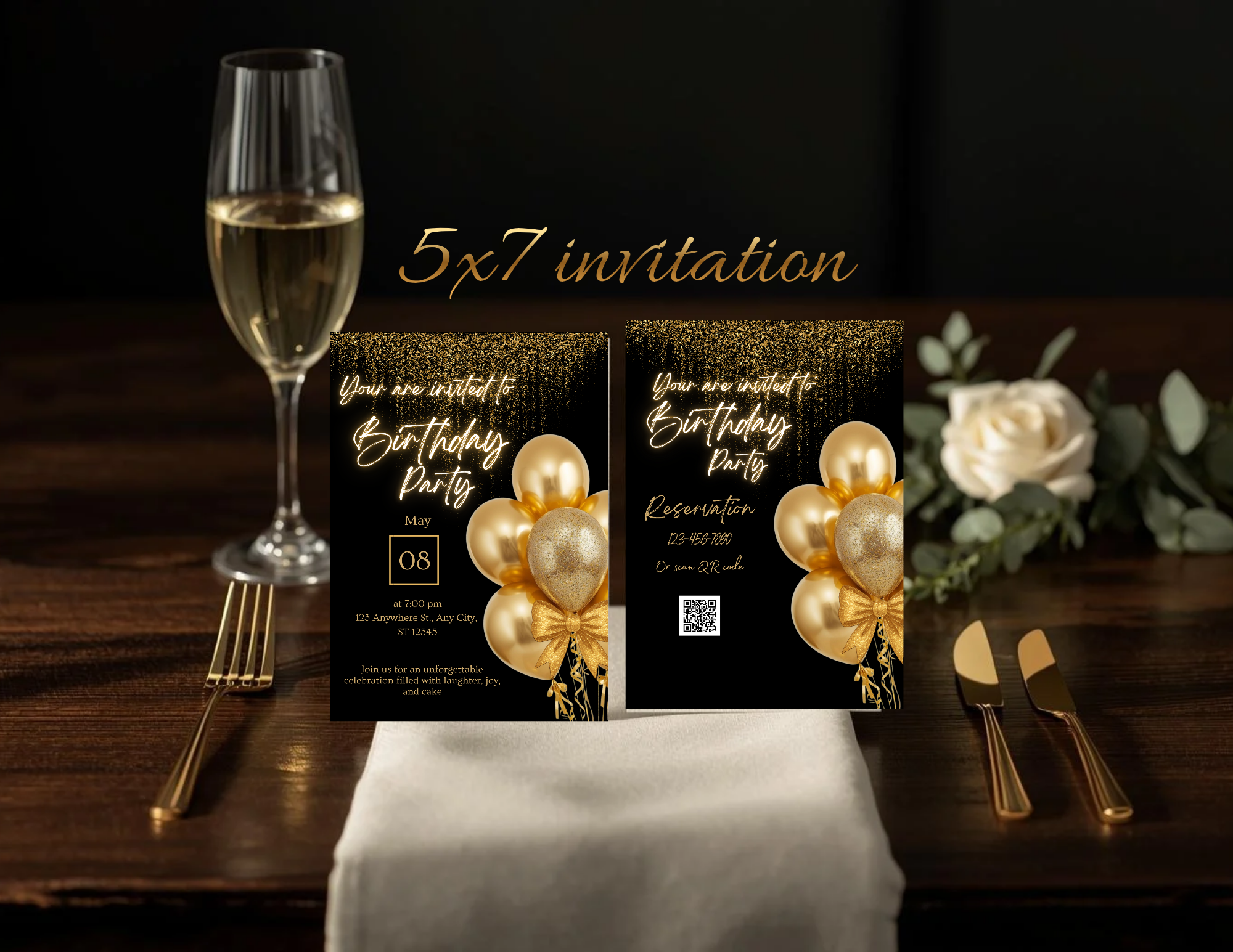 Black and Gold Birthday Invitation Template | Elegant Canva Invite | Printable 5x7 + Mobile + Animated Invitation | Luxury Birthday Party Invite