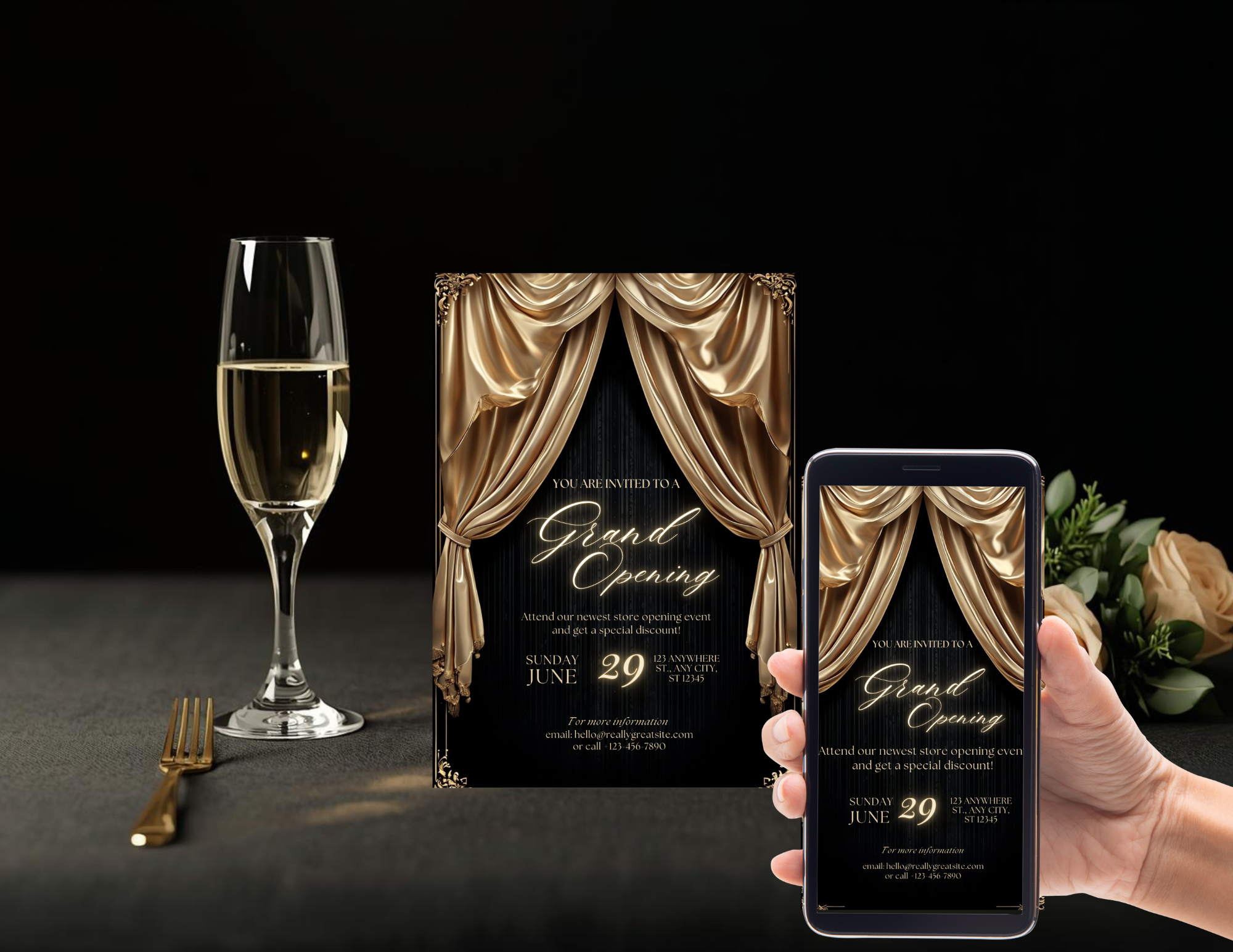 Black and Gold Grand Opening Invitation Template | Luxury Business Event Invite | Editable Canva Invitation | Printable 5x7 + Mobile Version