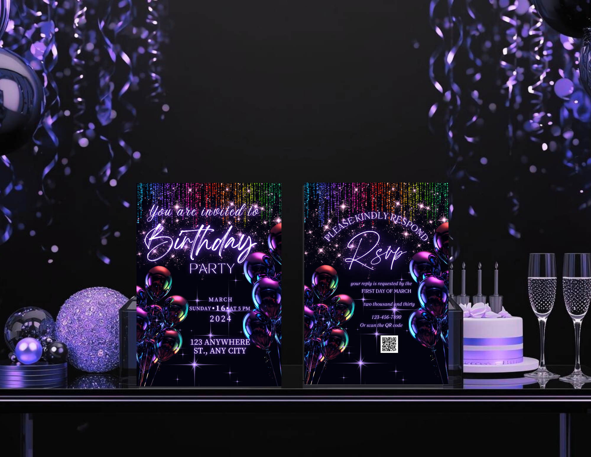 Neon Birthday Invitation Template | Editable Canva Invite | Printable 5x7 + Mobile 1080x1920 + Animated Invitation | Birthday Party Invite