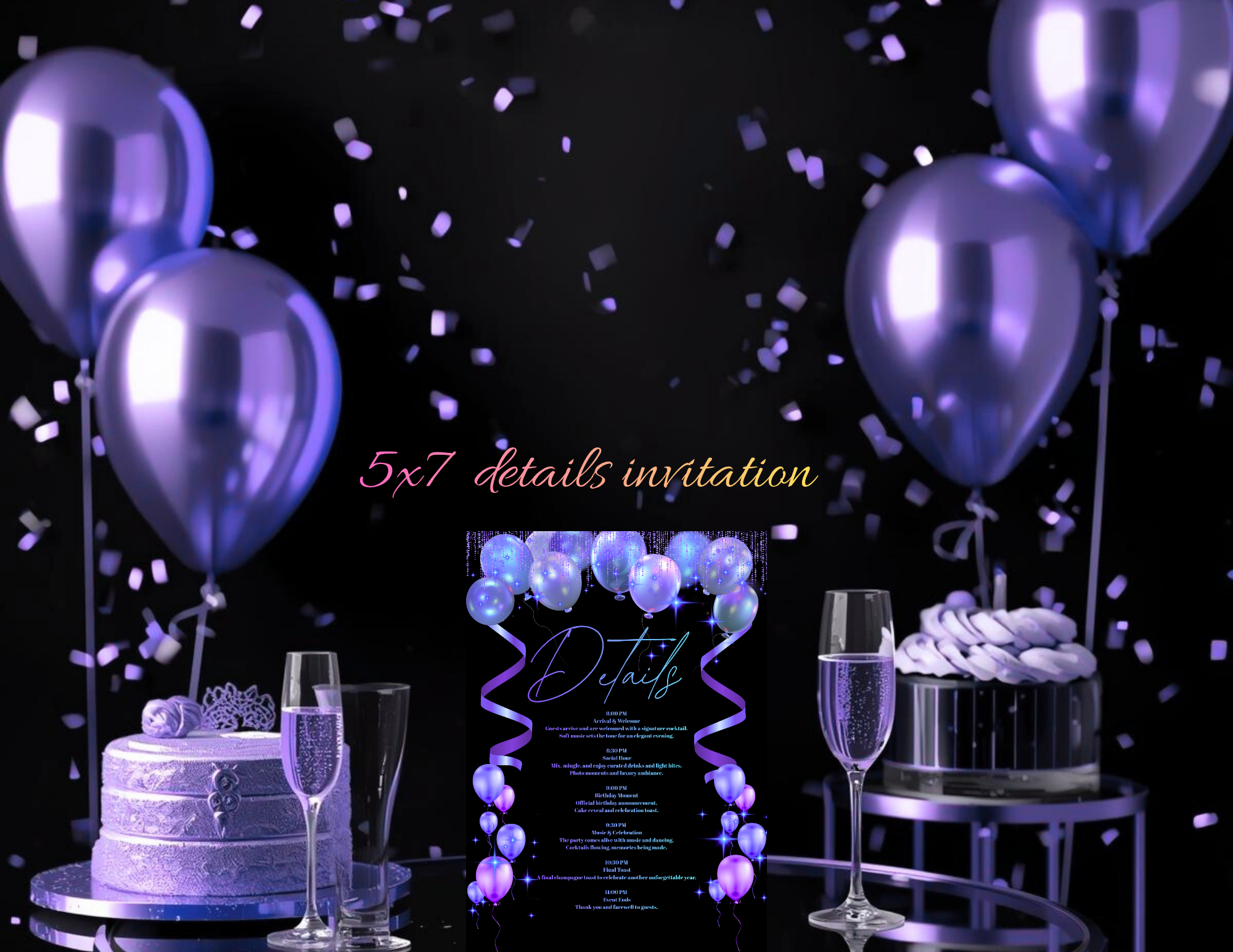 Purple Neon Birthday Invitation Template Editable Canva | Black Luxury Party Invite 5x7 + Animated Mobile Version+RSVP+DETAILS