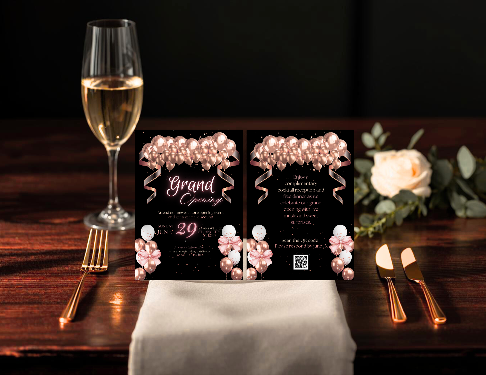 Rose Gold Grand Opening Invitation Template | Luxury Editable Canva Invite | Printable 5x7 + Mobile Invitation | Business Opening Announcement