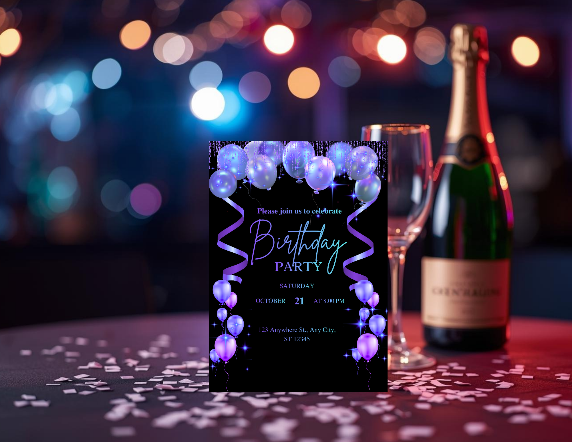 Purple Neon Birthday Invitation Template Editable Canva | Black Luxury Party Invite 5x7 + Animated Mobile Version+RSVP+DETAILS