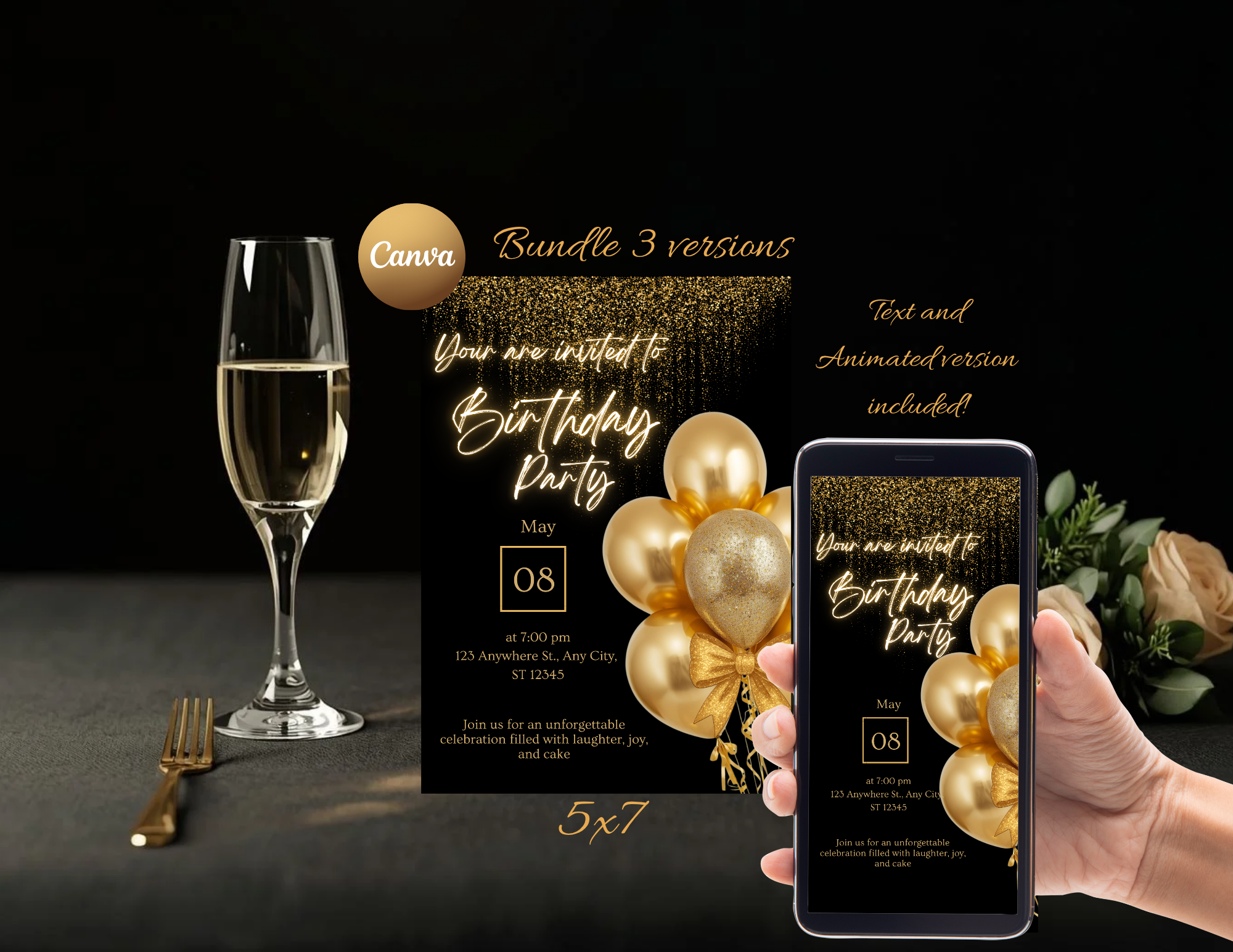 Black and Gold Birthday Invitation Template | Elegant Canva Invite | Printable 5x7 + Mobile + Animated Invitation | Luxury Birthday Party Invite