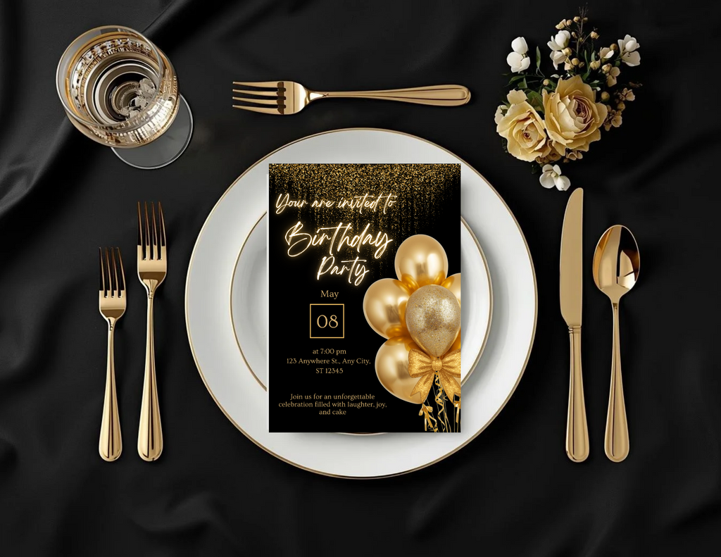 Black and Gold Birthday Invitation Template | Elegant Canva Invite | Printable 5x7 + Mobile + Animated Invitation | Luxury Birthday Party Invite