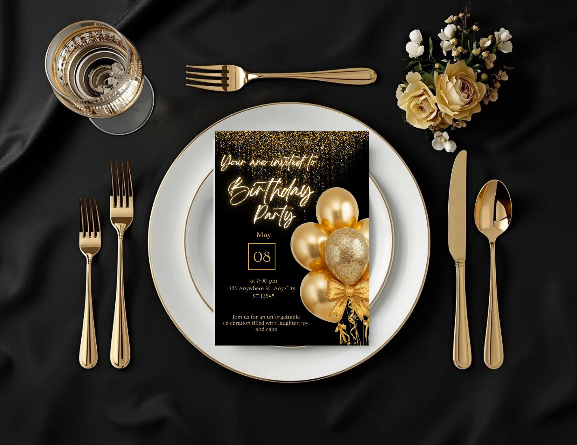 Black and Gold Birthday Invitation Template | Elegant Canva Invite | Printable 5x7 + Mobile + Animated Invitation | Luxury Birthday Party Invite