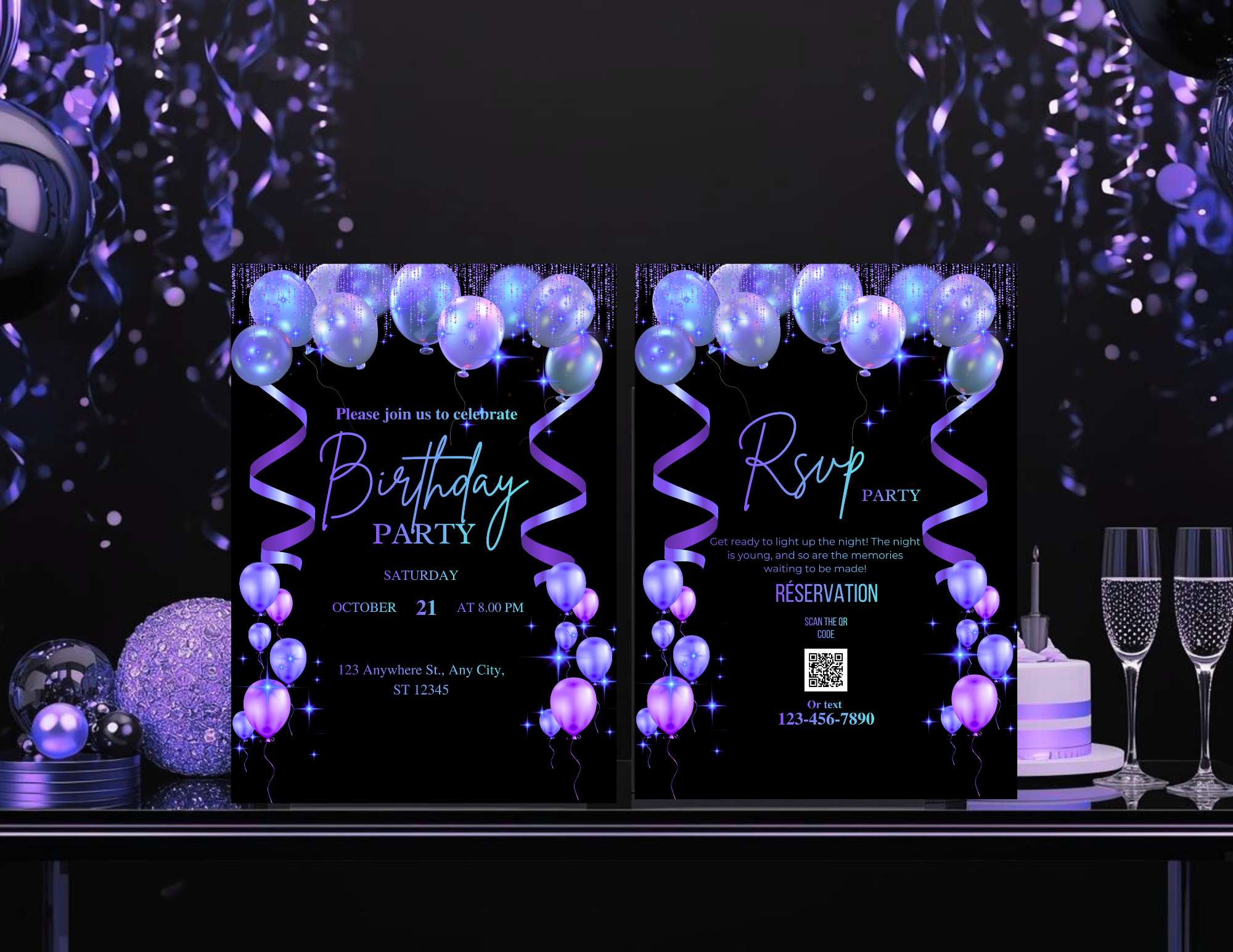 Purple Neon Birthday Invitation Template Editable Canva | Black Luxury Party Invite 5x7 + Animated Mobile Version+RSVP+DETAILS