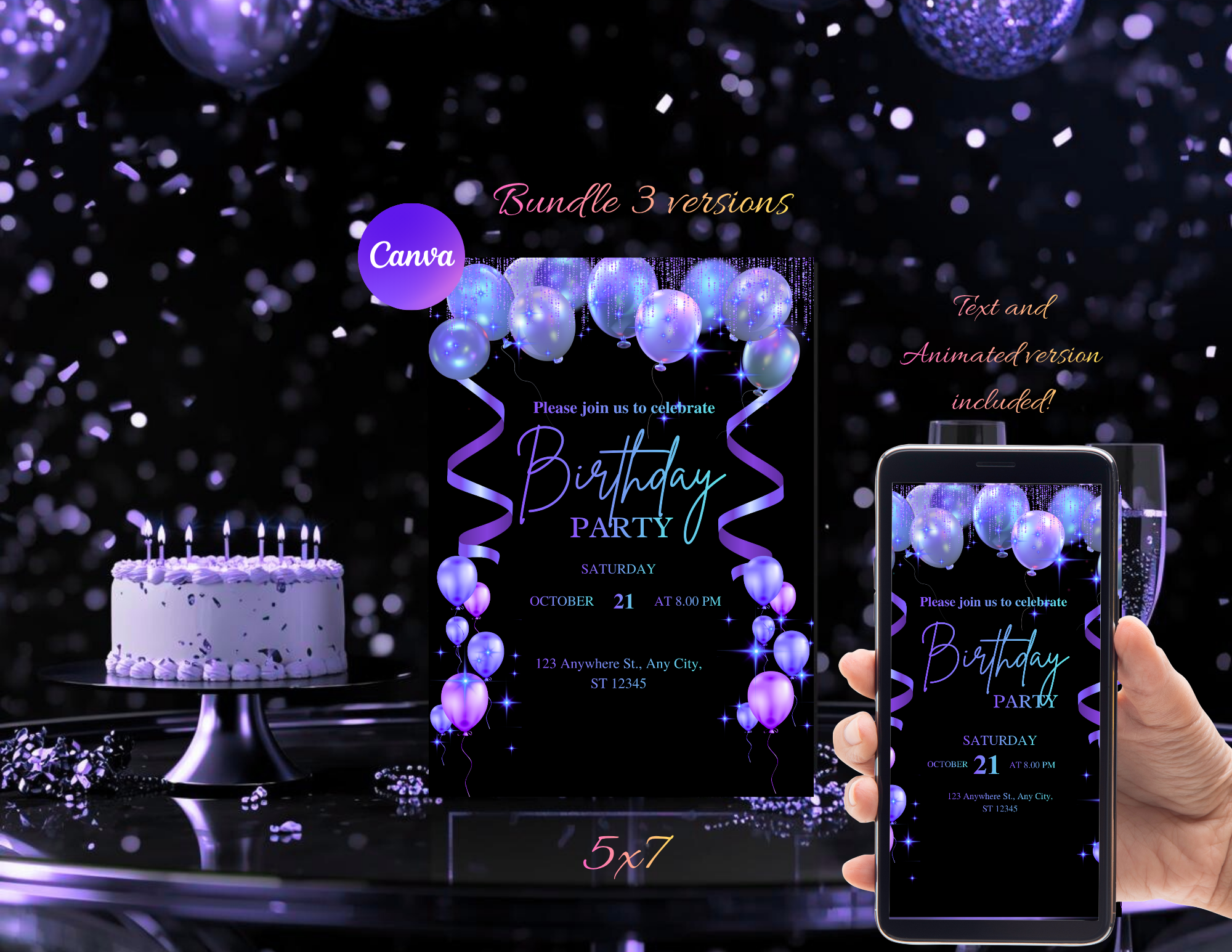 Purple Neon Birthday Invitation Template Editable Canva | Black Luxury Party Invite 5x7 + Animated Mobile Version+RSVP+DETAILS