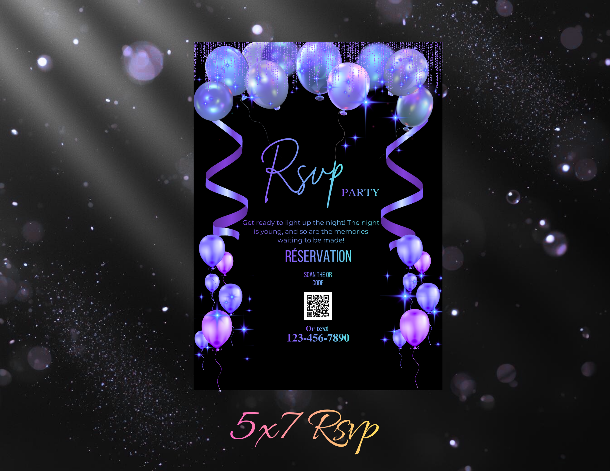 Purple Neon Birthday Invitation Template Editable Canva | Black Luxury Party Invite 5x7 + Animated Mobile Version+RSVP+DETAILS