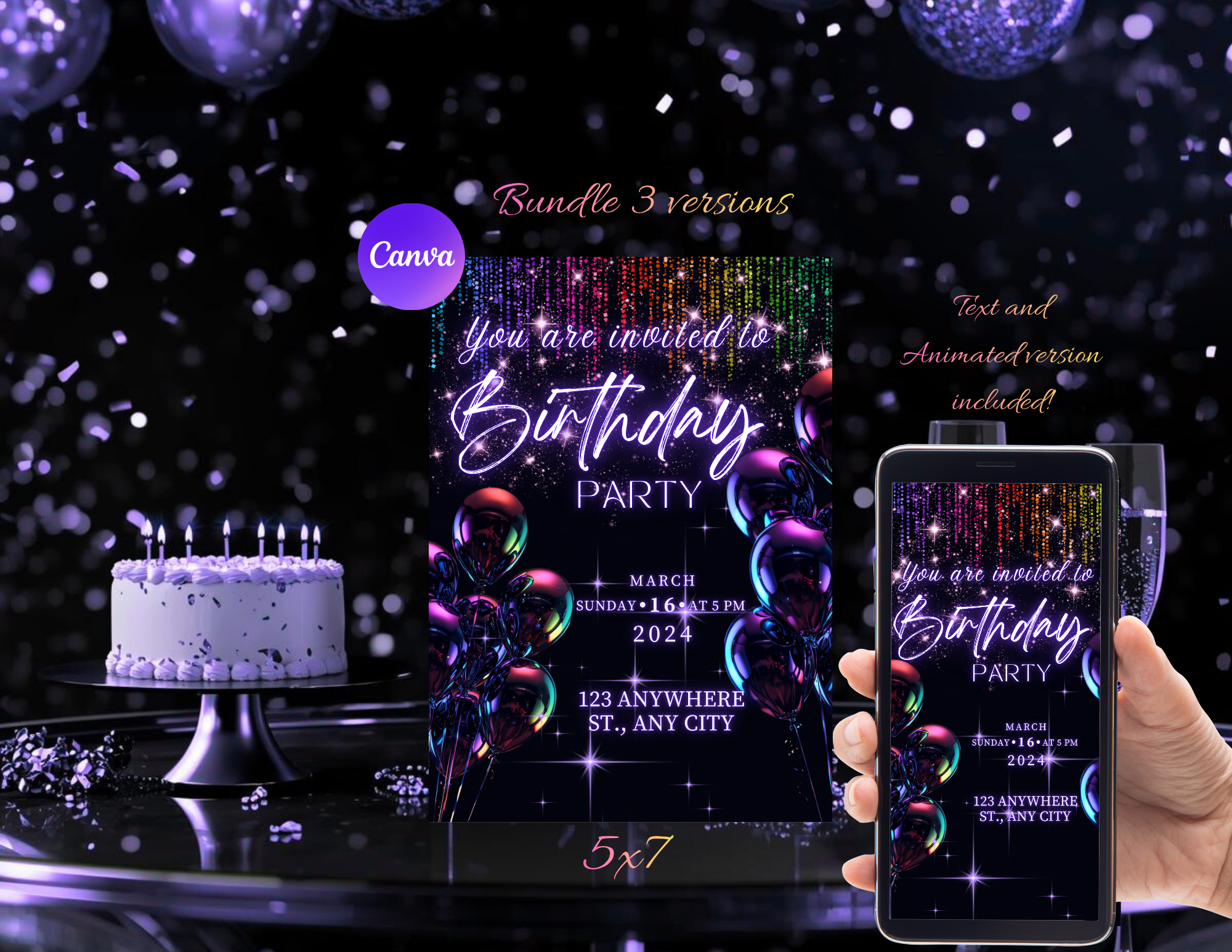 Neon Birthday Invitation Template | Editable Canva Invite | Printable 5x7 + Mobile 1080x1920 + Animated Invitation | Birthday Party Invite