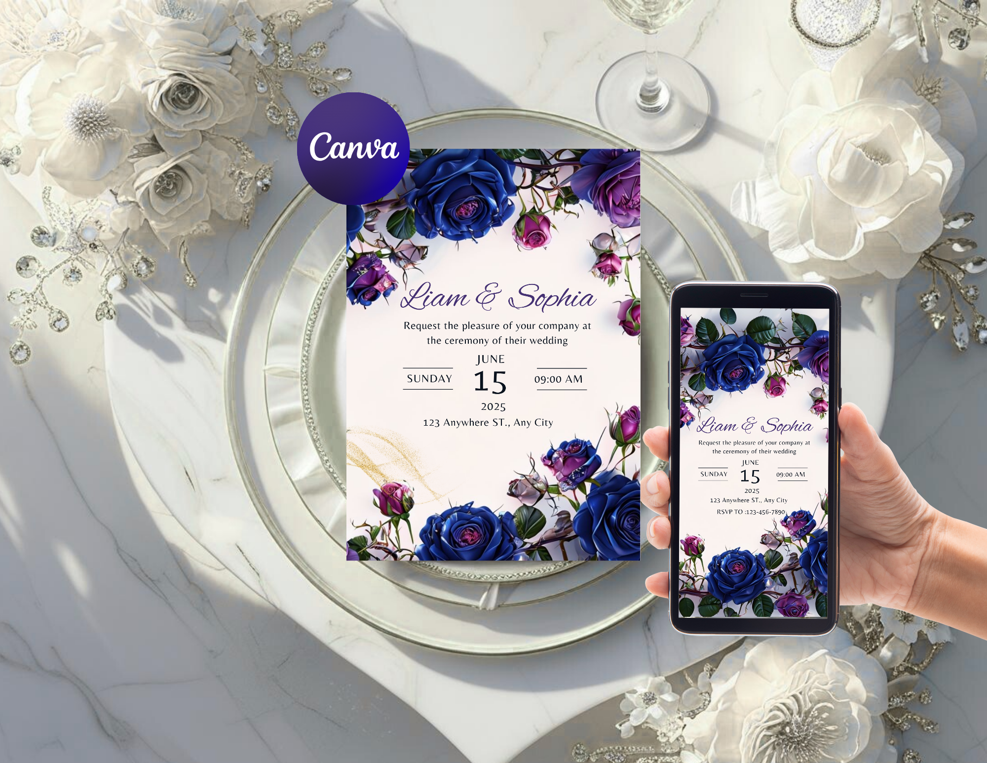 Purple & Navy Floral Digital Wedding Invitation | Printable 5x7, Mobile & Animated Invite | Editable Canva Template with RSVP