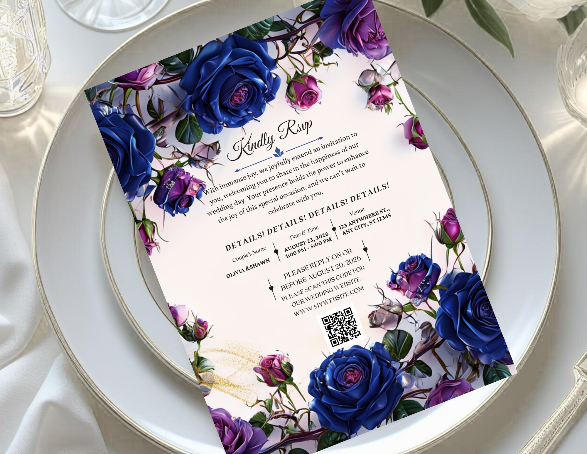 Purple & Navy Floral Digital Wedding Invitation | Printable 5x7, Mobile & Animated Invite | Editable Canva Template with RSVP