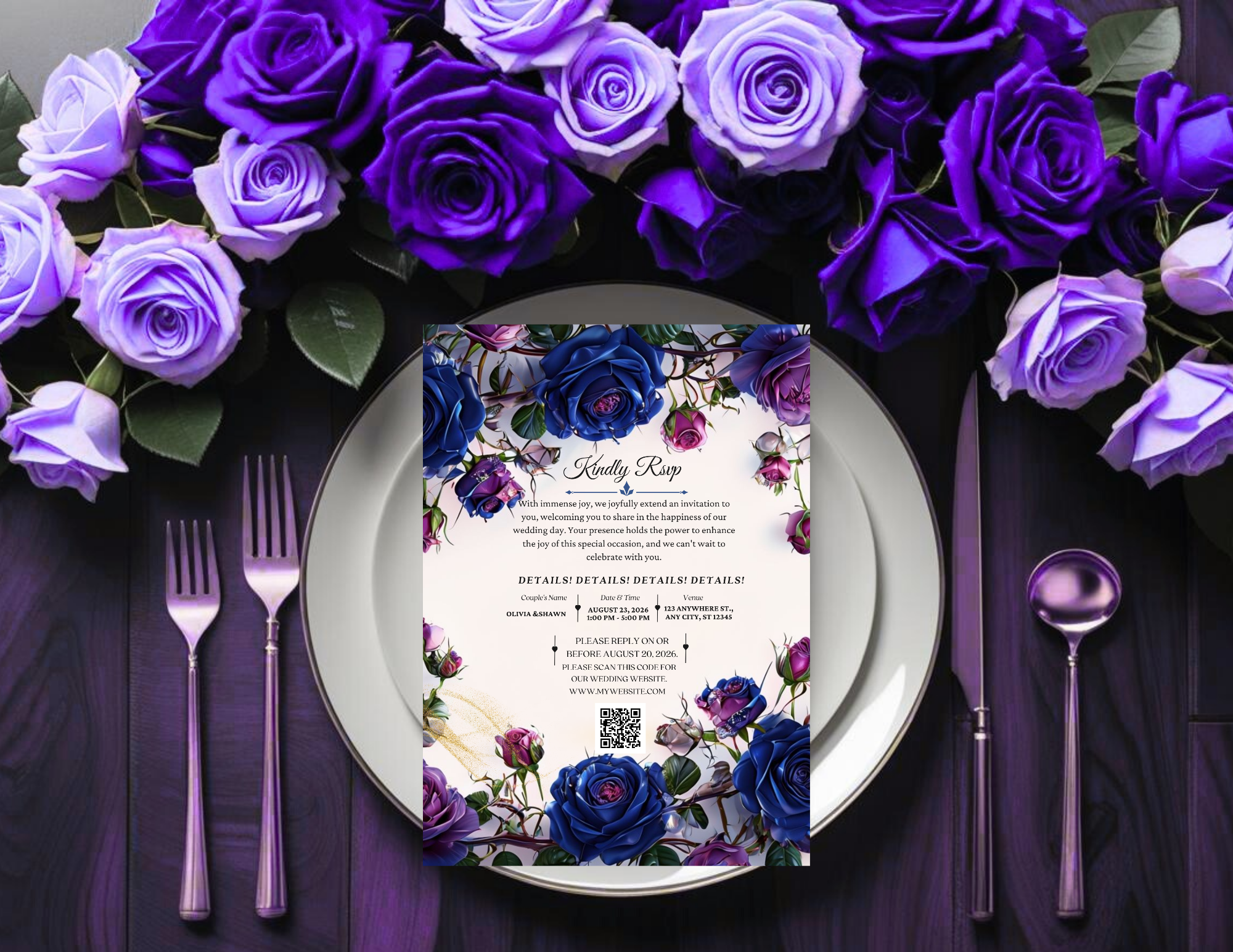Purple & Navy Floral Digital Wedding Invitation | Printable 5x7, Mobile & Animated Invite | Editable Canva Template with RSVP