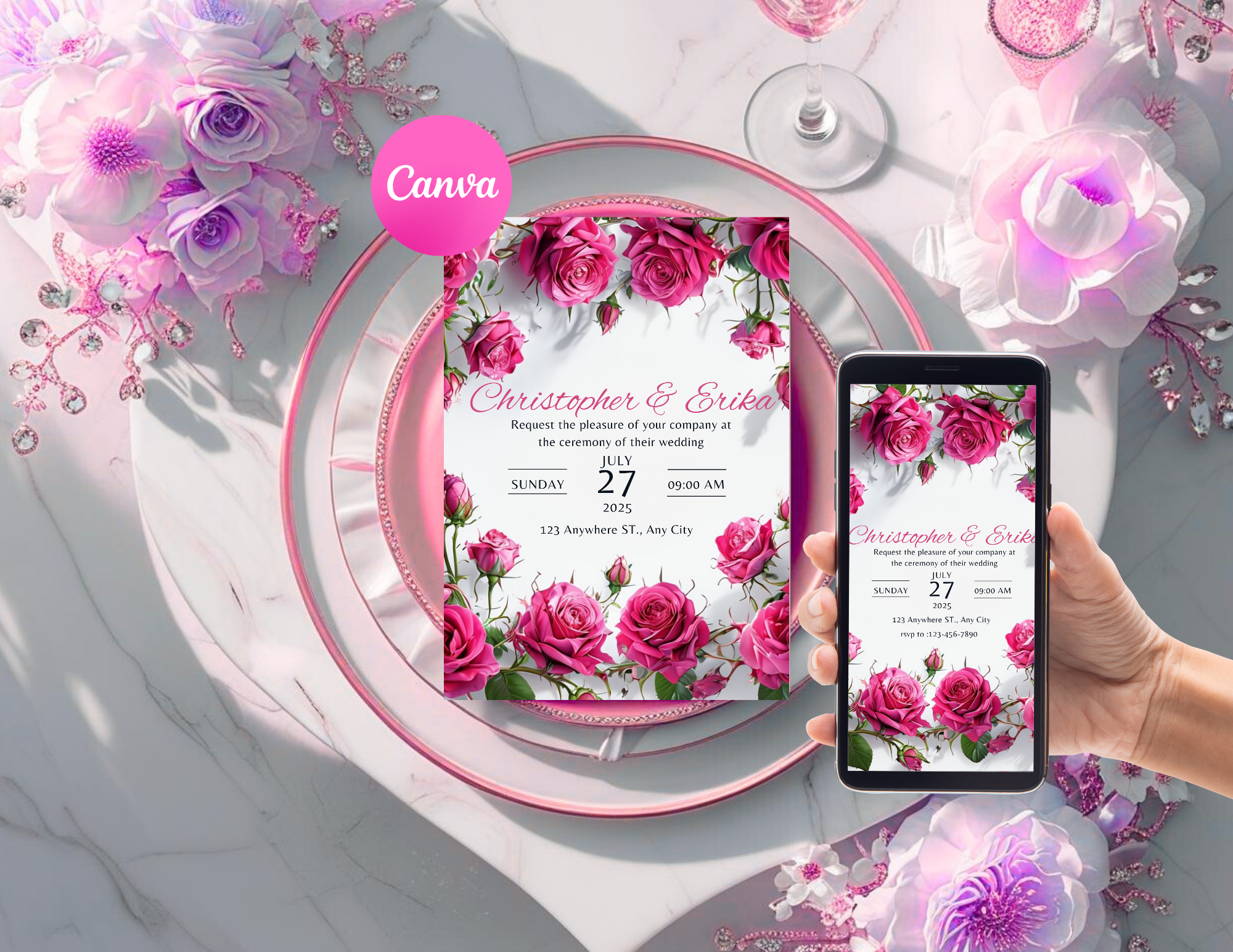 Pink Rose Wedding Invitation Bundle, Floral Wedding Invite Template, Romantic Canva Editable Invite, Printable & Mobile Version