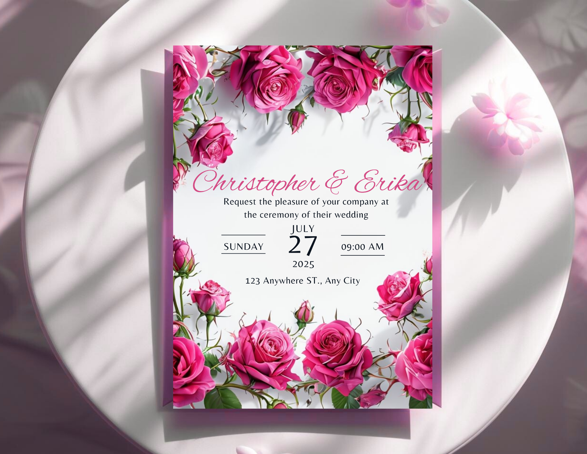 Pink Rose Wedding Invitation Bundle, Floral Wedding Invite Template, Romantic Canva Editable Invite, Printable & Mobile Version