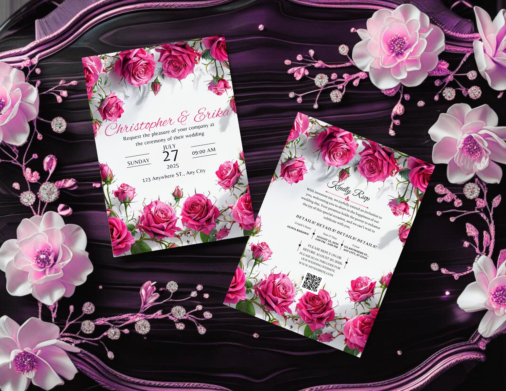 Pink Rose Wedding Invitation Bundle, Floral Wedding Invite Template, Romantic Canva Editable Invite, Printable & Mobile Version