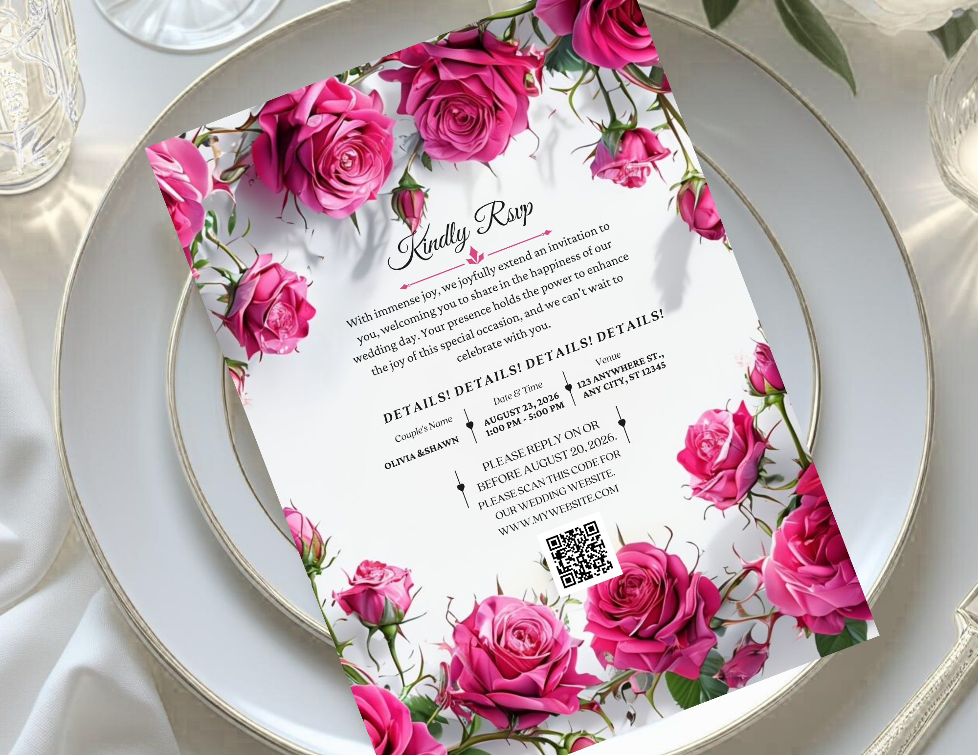 Pink Rose Wedding Invitation Bundle, Floral Wedding Invite Template, Romantic Canva Editable Invite, Printable & Mobile Version