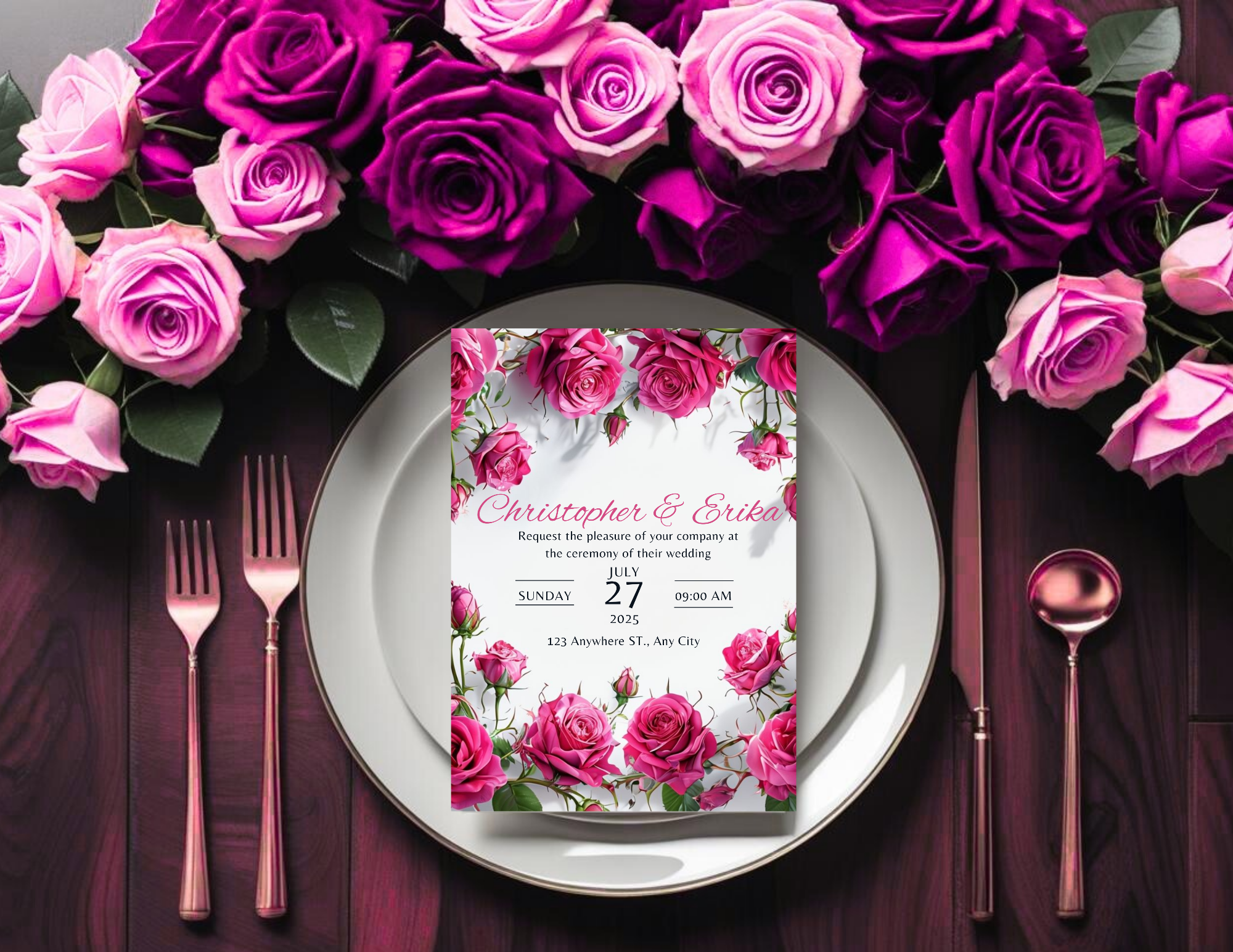 Pink Rose Wedding Invitation Bundle, Floral Wedding Invite Template, Romantic Canva Editable Invite, Printable & Mobile Version