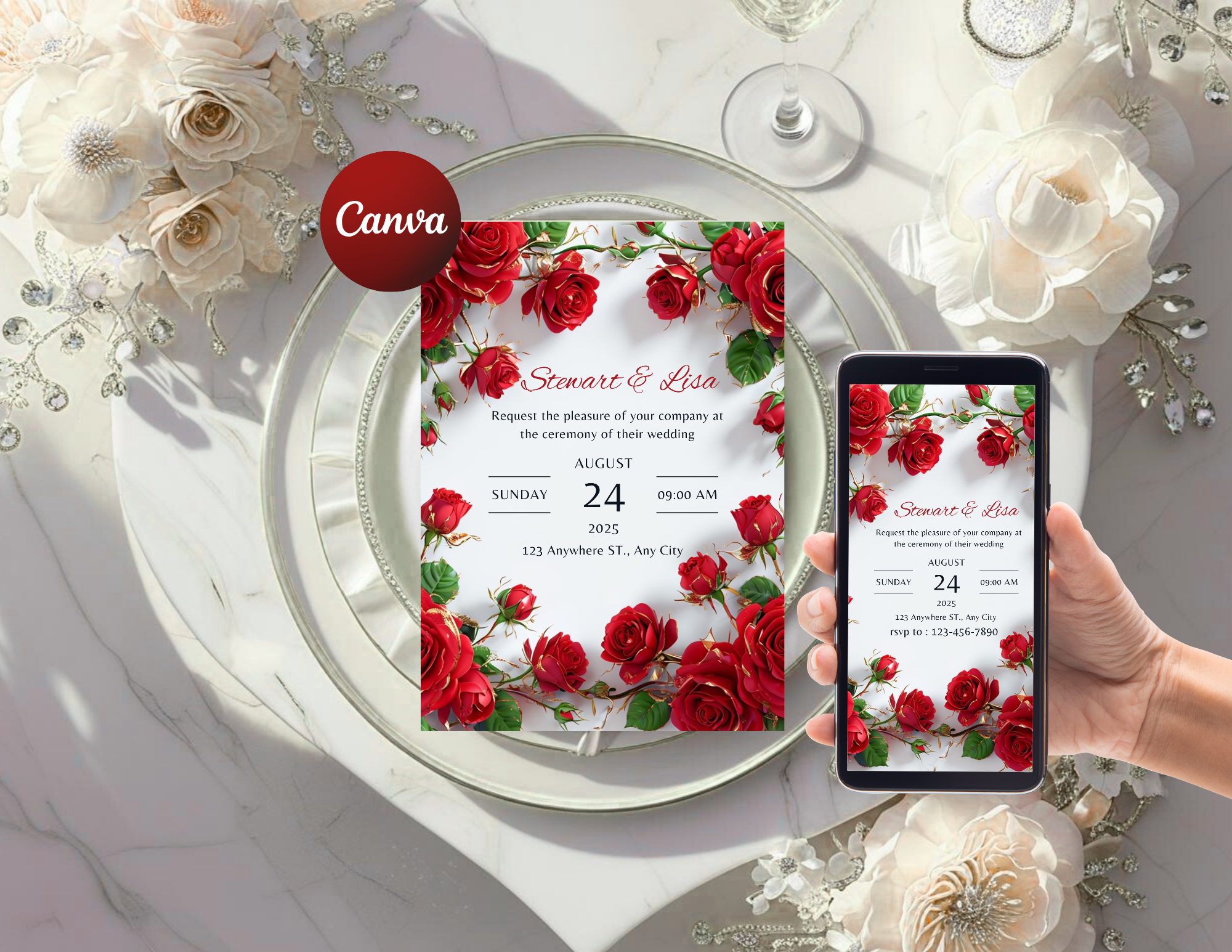 Red Rose Wedding Invitation Bundle, Animated Wedding Invite Canva Template, Printable 5x7, Mobile Invite 1080x1920, RSVP Card