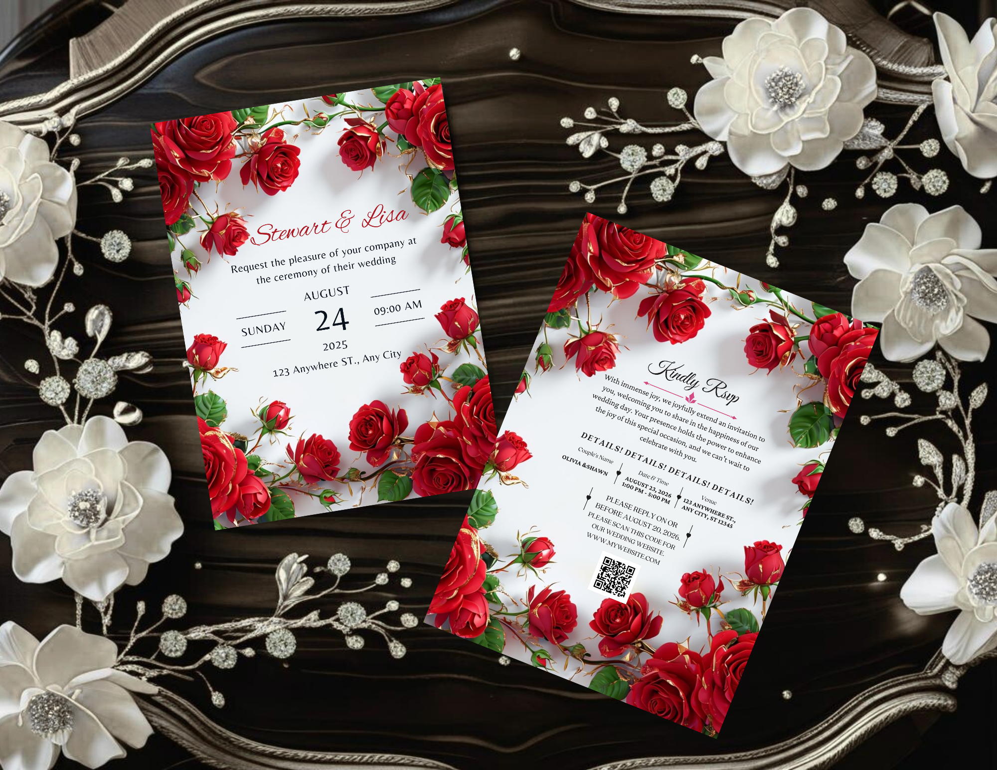 Red Rose Wedding Invitation Bundle, Animated Wedding Invite Canva Template, Printable 5x7, Mobile Invite 1080x1920, RSVP Card