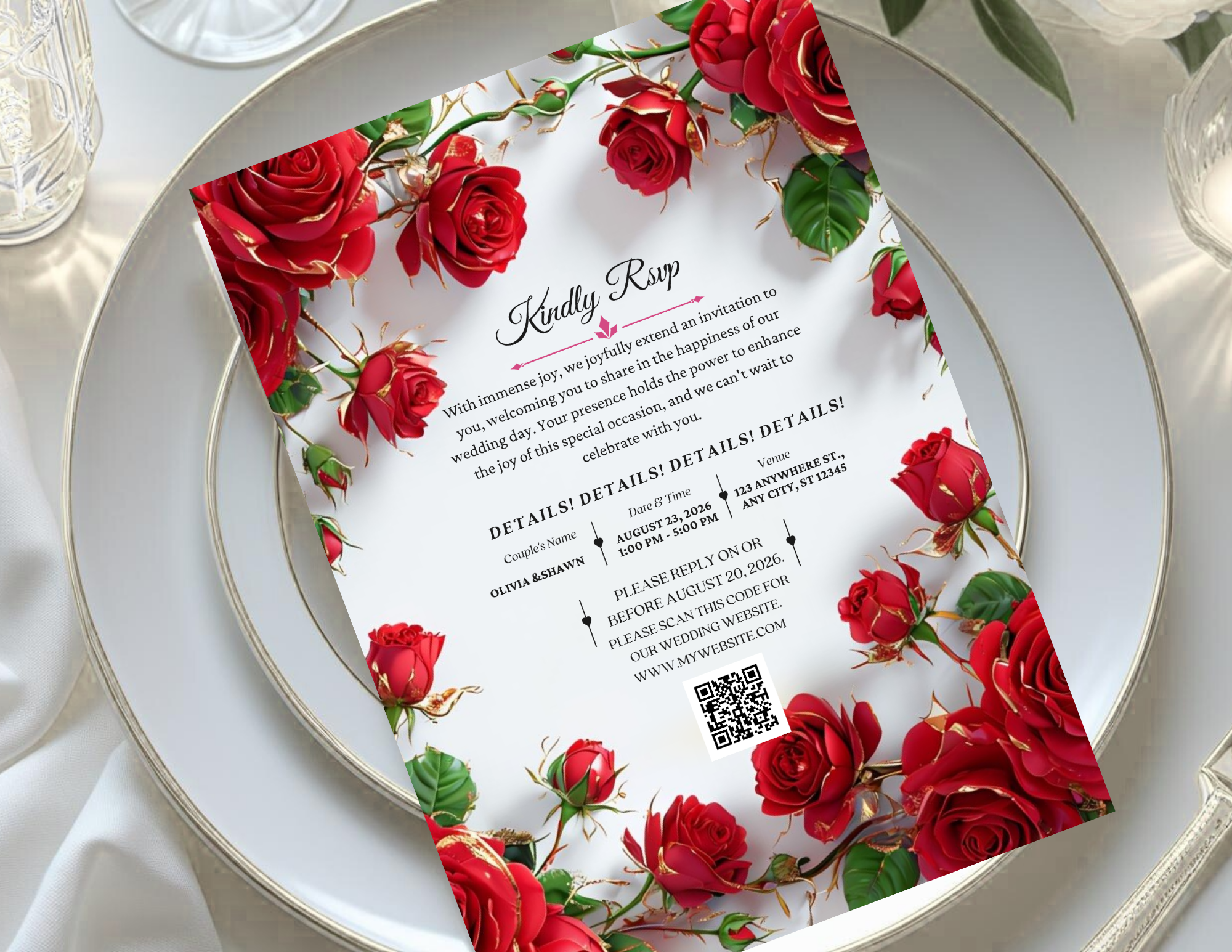 Red Rose Wedding Invitation Bundle, Animated Wedding Invite Canva Template, Printable 5x7, Mobile Invite 1080x1920, RSVP Card