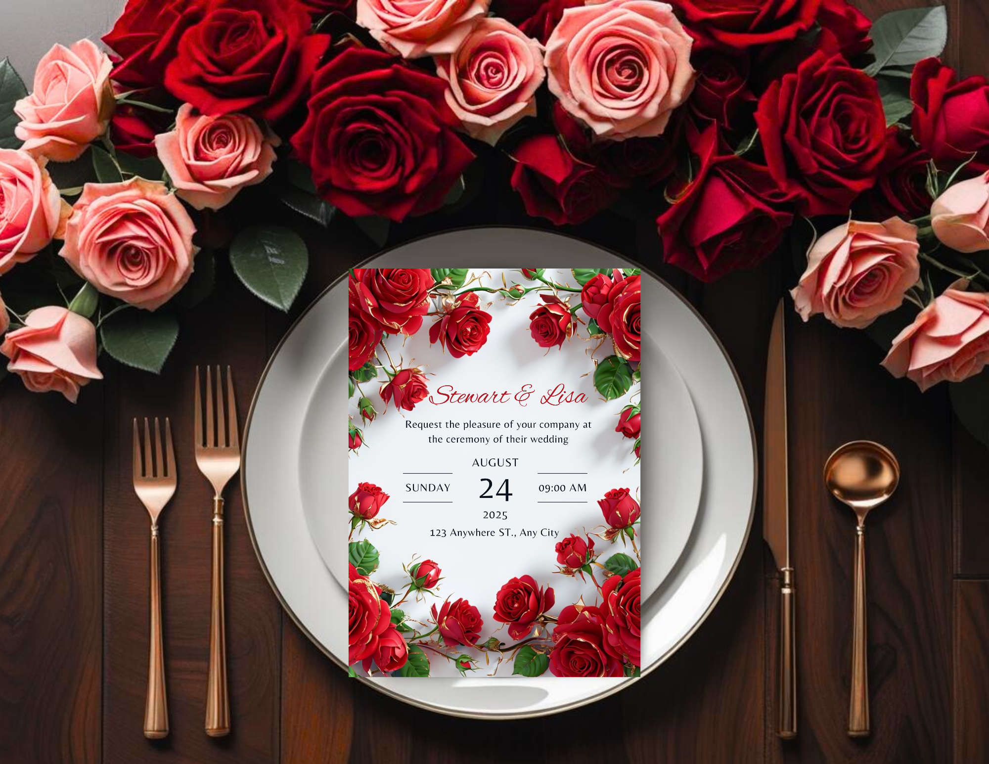 Red Rose Wedding Invitation Bundle, Animated Wedding Invite Canva Template, Printable 5x7, Mobile Invite 1080x1920, RSVP Card