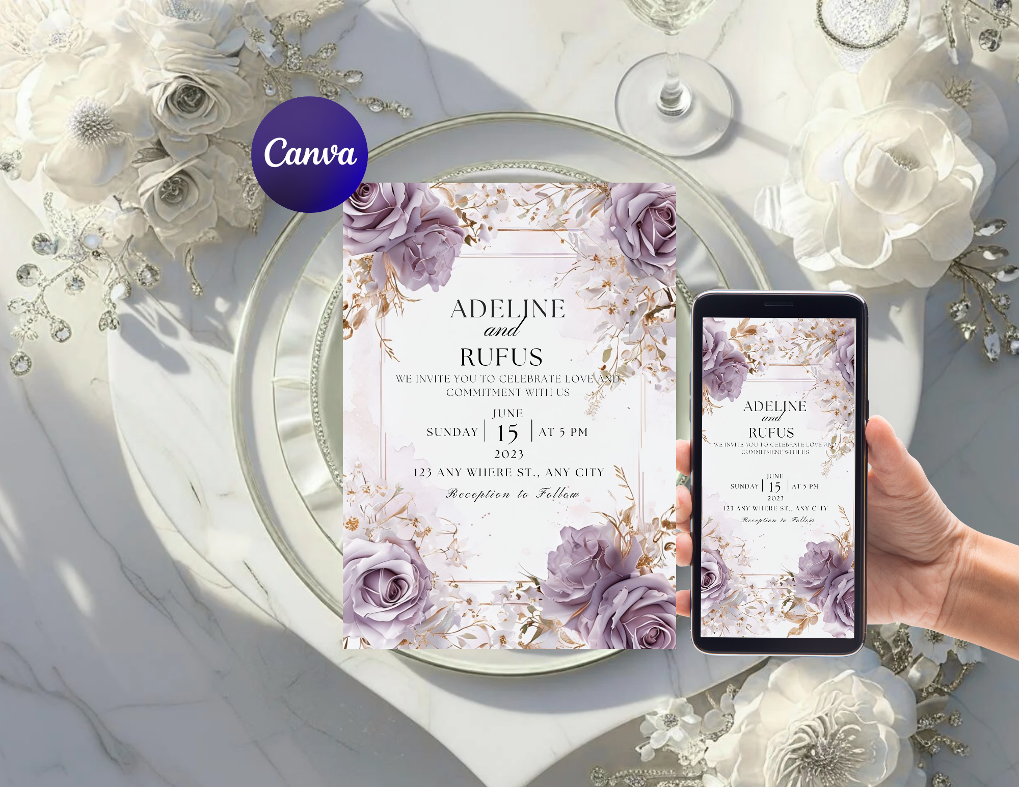 Lilas Rose Digital Wedding Invitation | Blush Pink Floral Invite | Printable 5x7, Mobile 1080x1920 Static & Animated Version