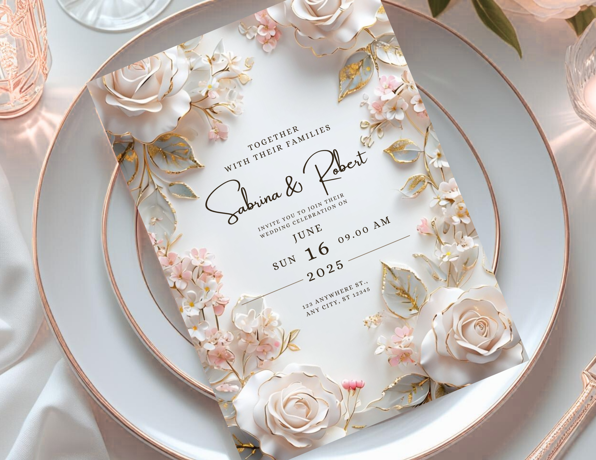 Luxury Blush & Gold Floral Wedding Invitation Template | Editable Canva Wedding Invite | Printable 5x7 + Mobile Version