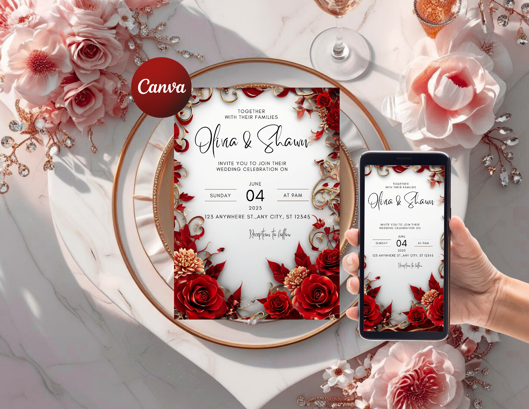 Red & Gold Luxury Wedding Invitation Template | Editable Canva Wedding Invite | Printable 5x7 + Mobile Invitation