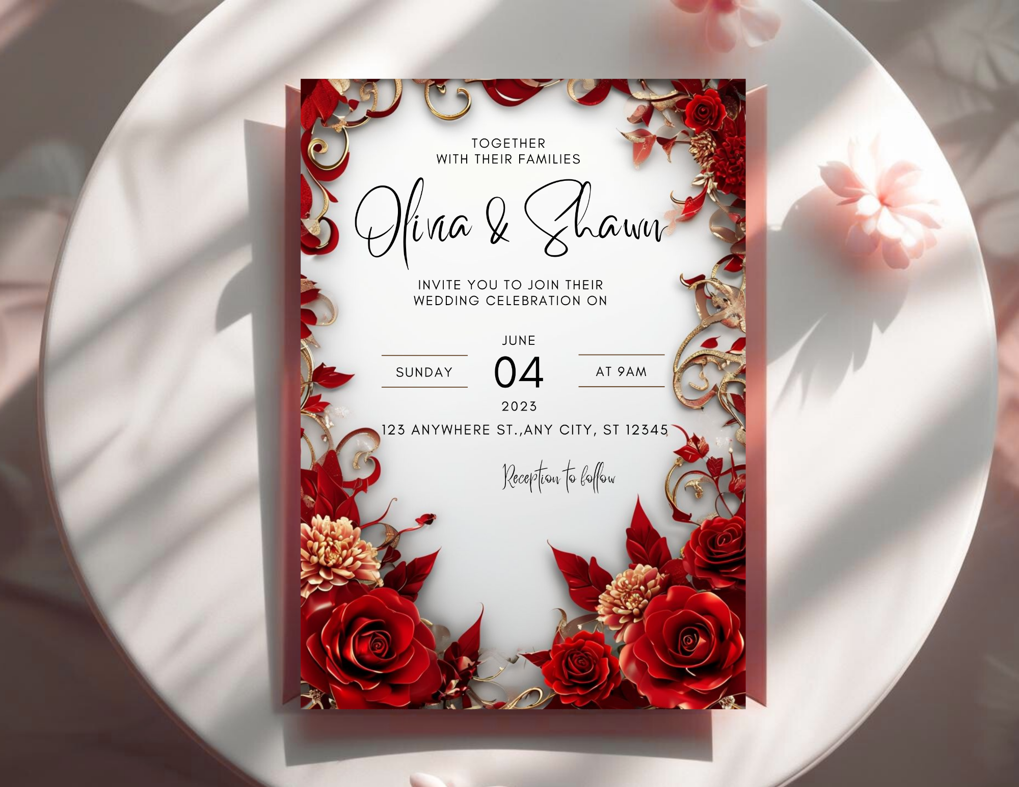 Red & Gold Luxury Wedding Invitation Template | Editable Canva Wedding Invite | Printable 5x7 + Mobile Invitation