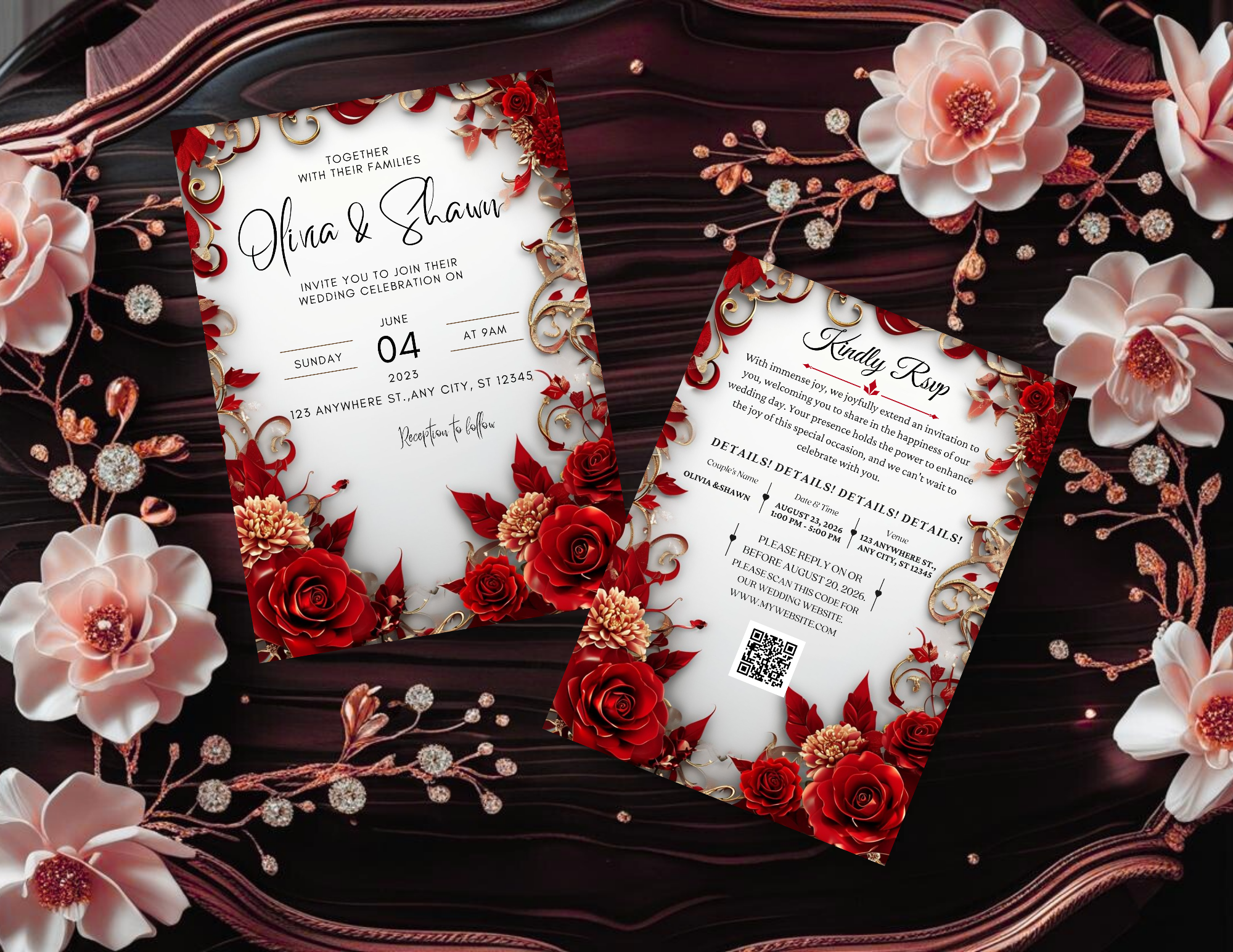 Red & Gold Luxury Wedding Invitation Template | Editable Canva Wedding Invite | Printable 5x7 + Mobile Invitation