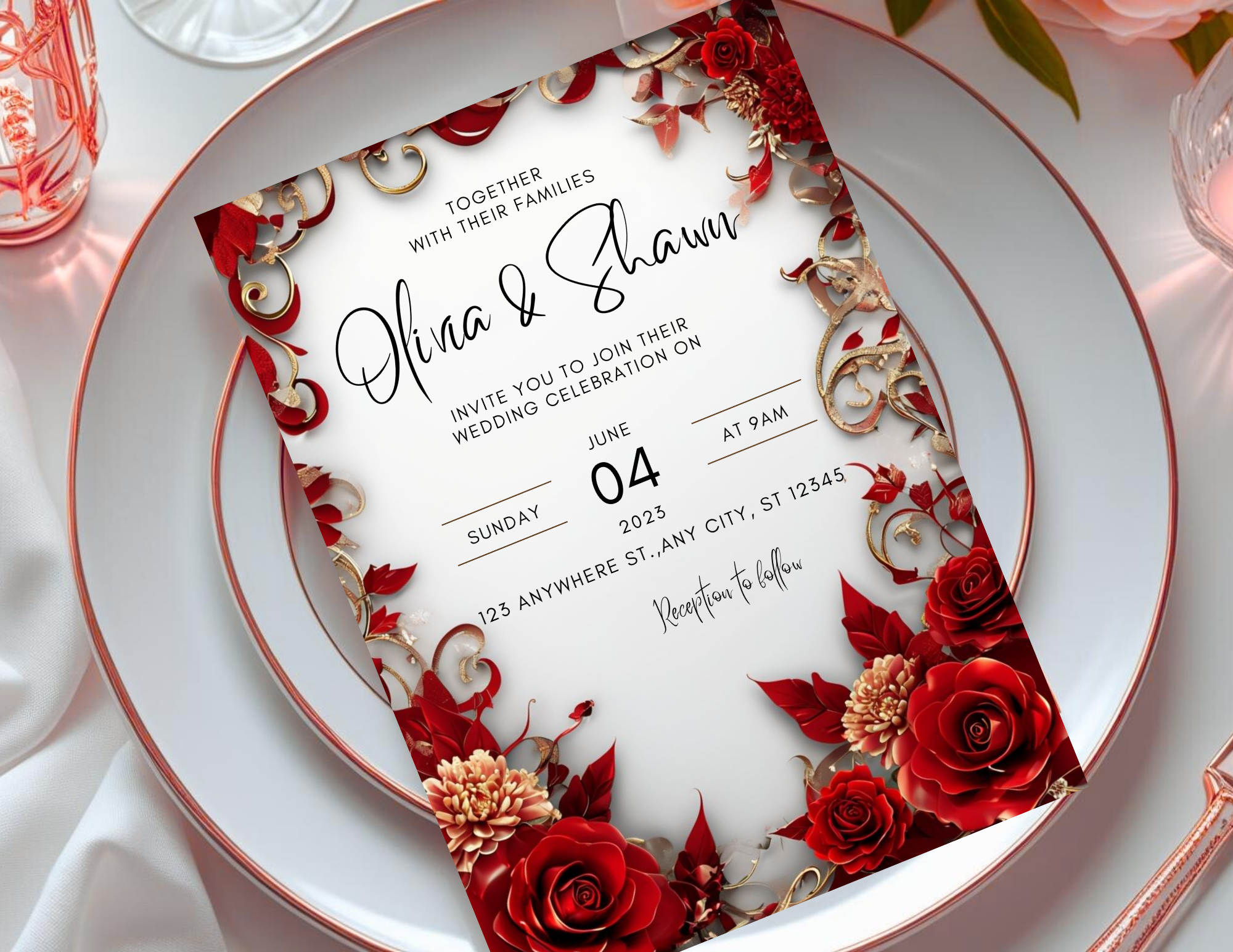 Red & Gold Luxury Wedding Invitation Template | Editable Canva Wedding Invite | Printable 5x7 + Mobile Invitation