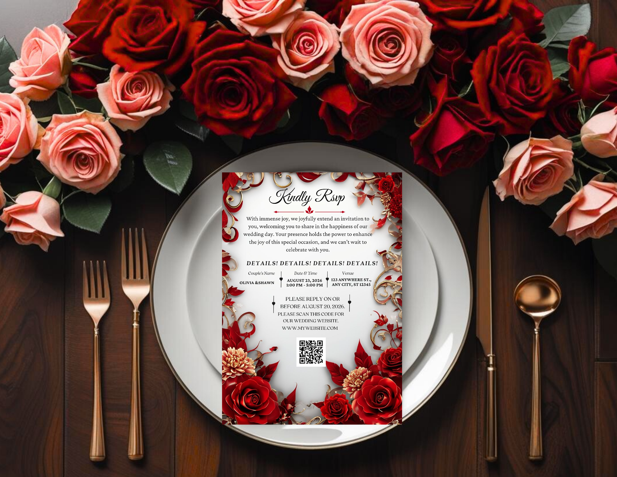 Red & Gold Luxury Wedding Invitation Template | Editable Canva Wedding Invite | Printable 5x7 + Mobile Invitation