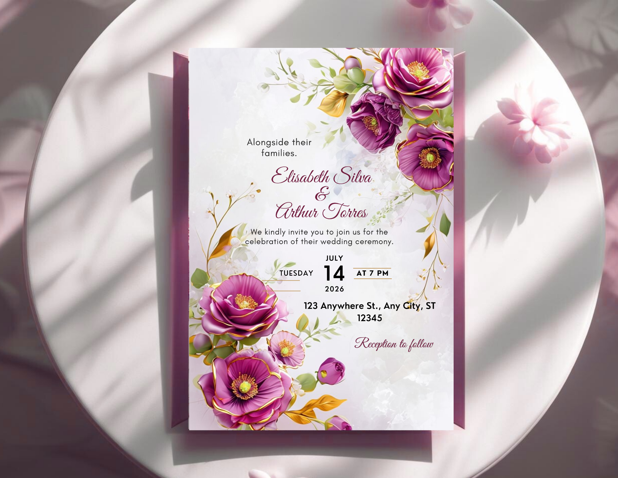 Purple Floral Wedding Invitation Template | Editable Canva Wedding Invite | Elegant Printable 5x7 + Mobile Invitation