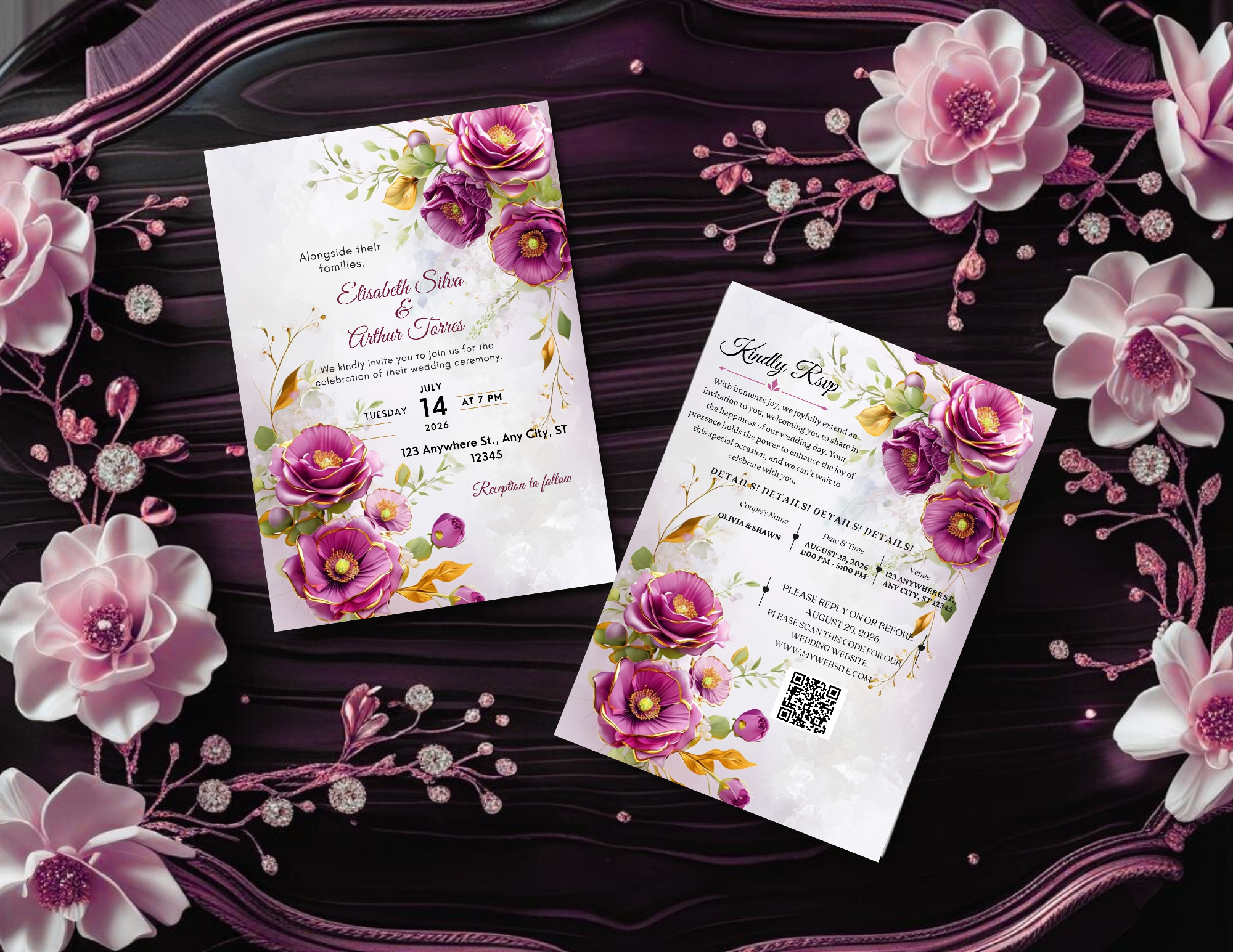 Purple Floral Wedding Invitation Template | Editable Canva Wedding Invite | Elegant Printable 5x7 + Mobile Invitation