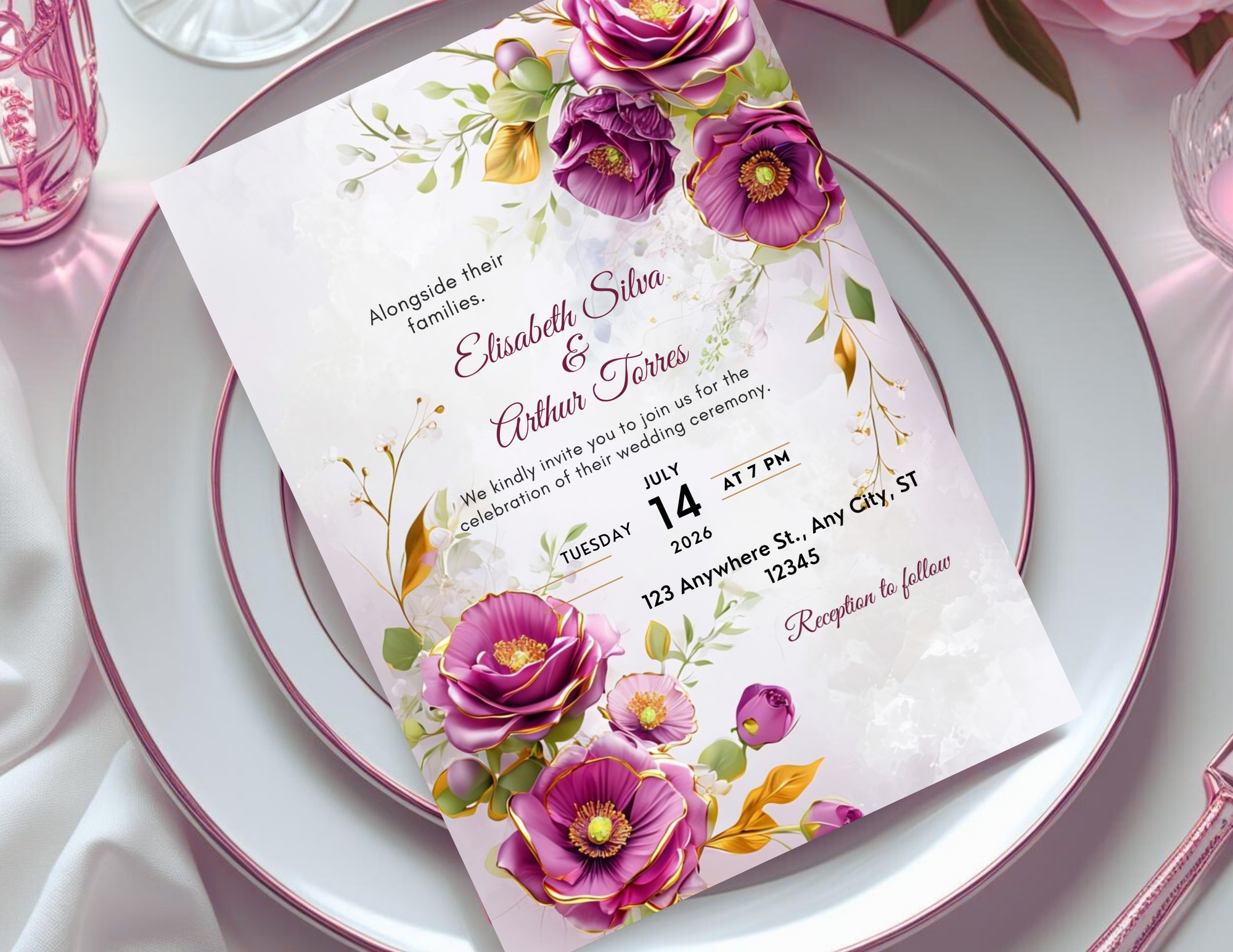 Purple Floral Wedding Invitation Template | Editable Canva Wedding Invite | Elegant Printable 5x7 + Mobile Invitation