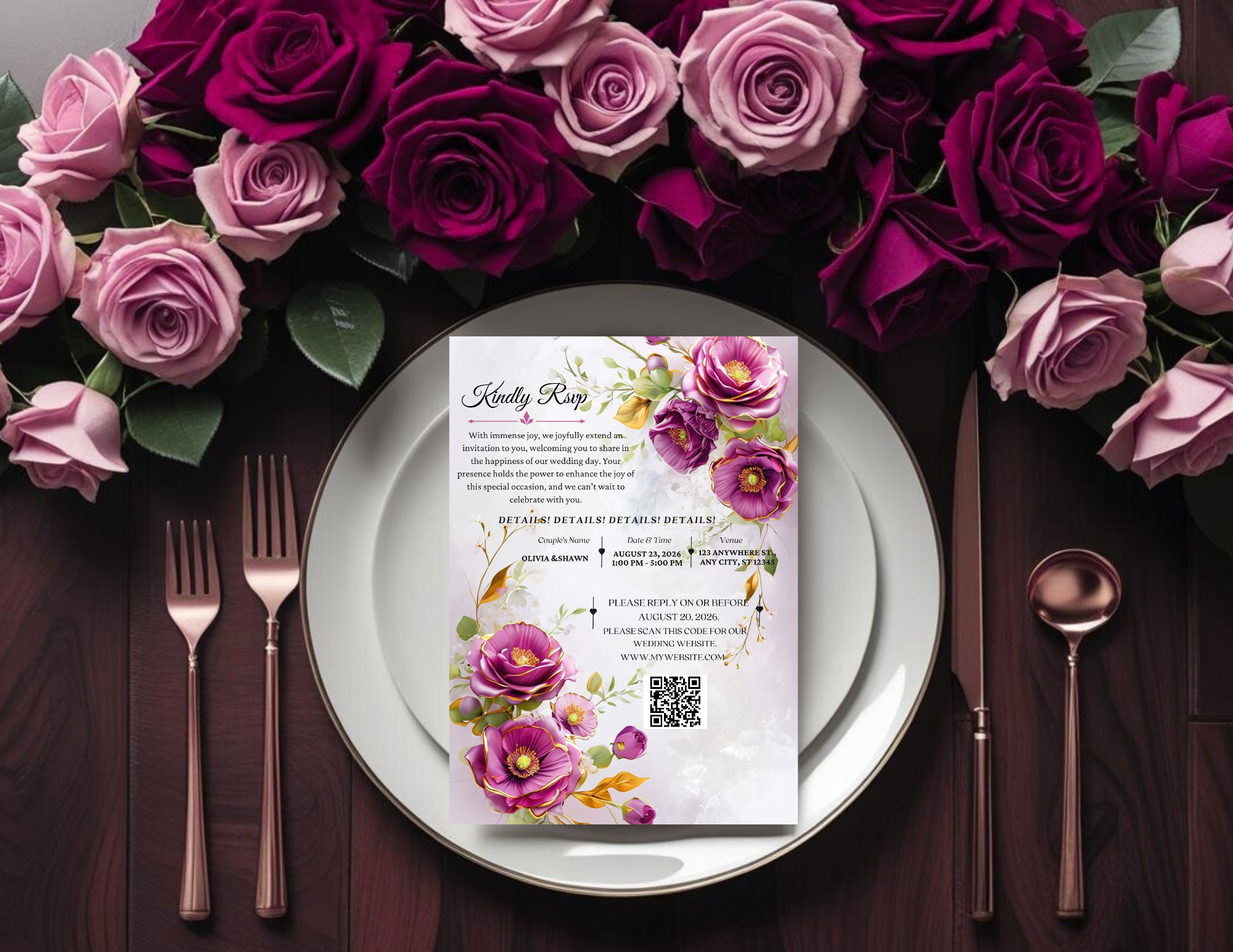 Purple Floral Wedding Invitation Template | Editable Canva Wedding Invite | Elegant Printable 5x7 + Mobile Invitation