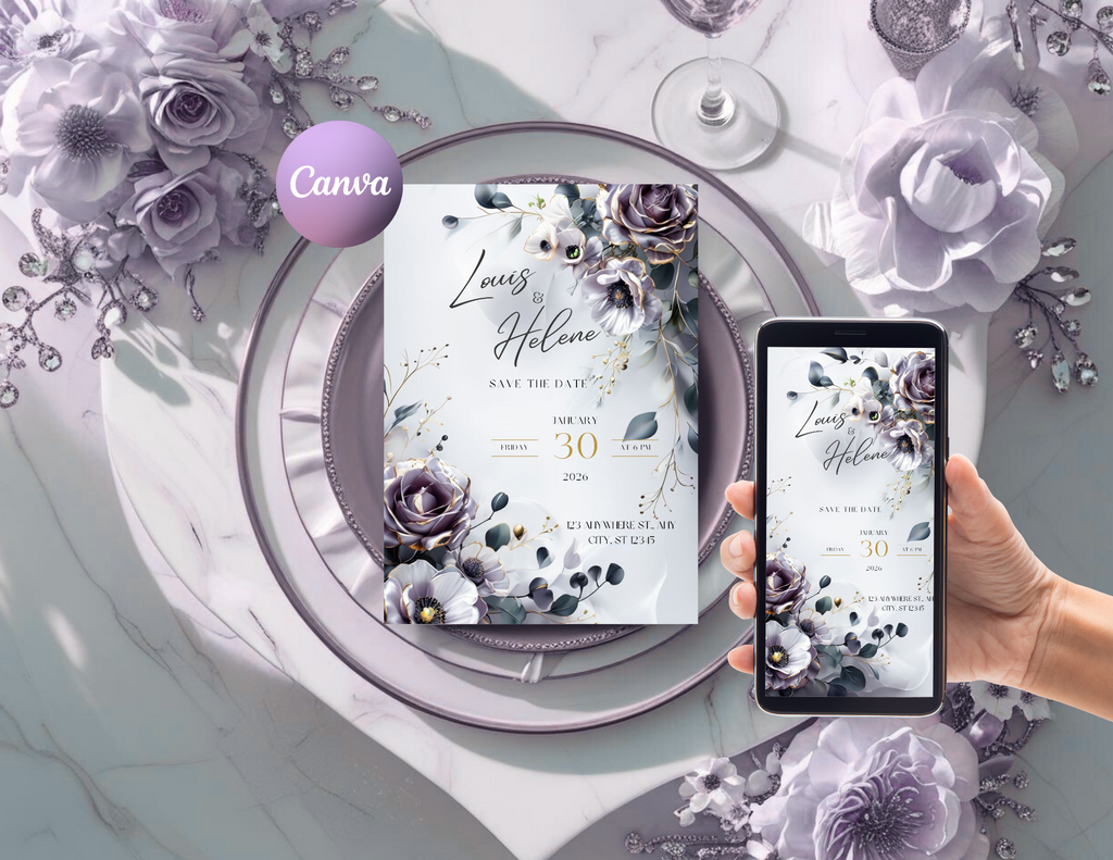 Lavender Floral Wedding Invitation Template, Editable Canva Save the Date, Elegant Purple Wedding Invite, Printable & Mobile Digital Download
