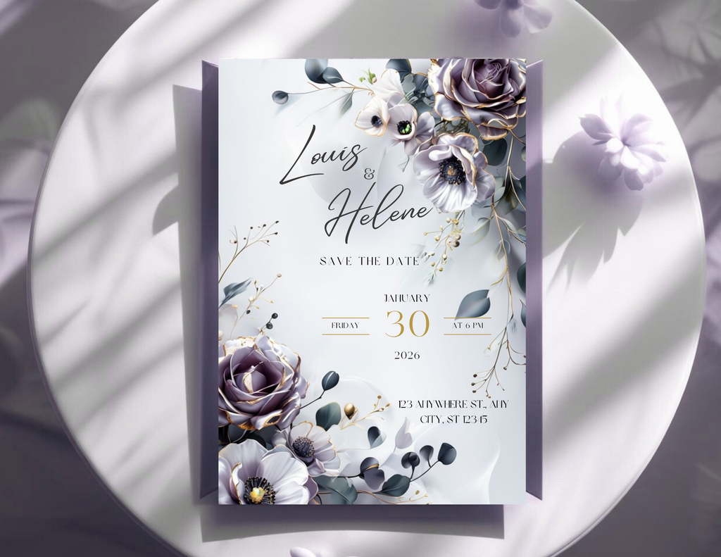 Lavender Floral Wedding Invitation Template, Editable Canva Save the Date, Elegant Purple Wedding Invite, Printable & Mobile Digital Download