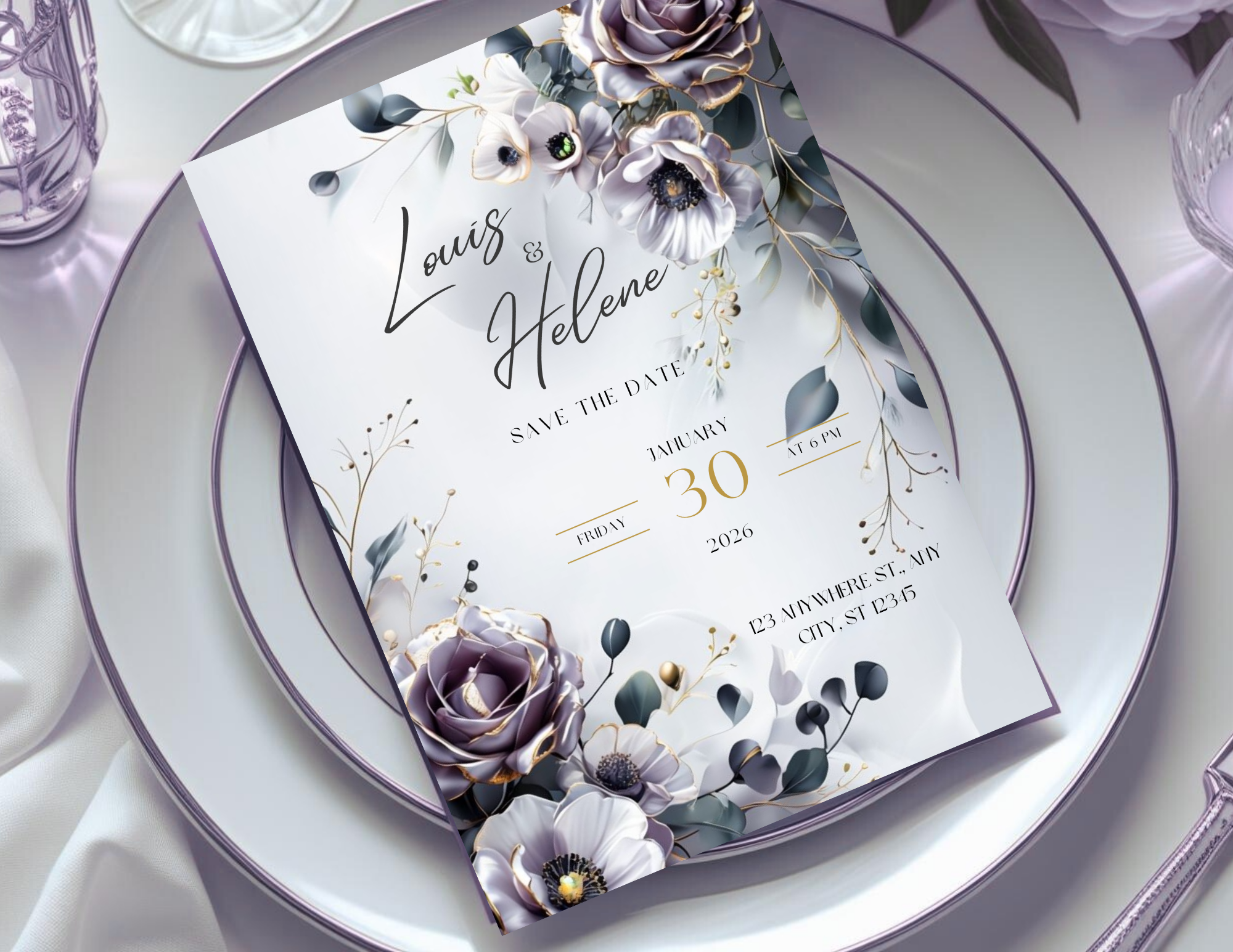 Lavender Floral Wedding Invitation Template, Editable Canva Save the Date, Elegant Purple Wedding Invite, Printable & Mobile Digital Download