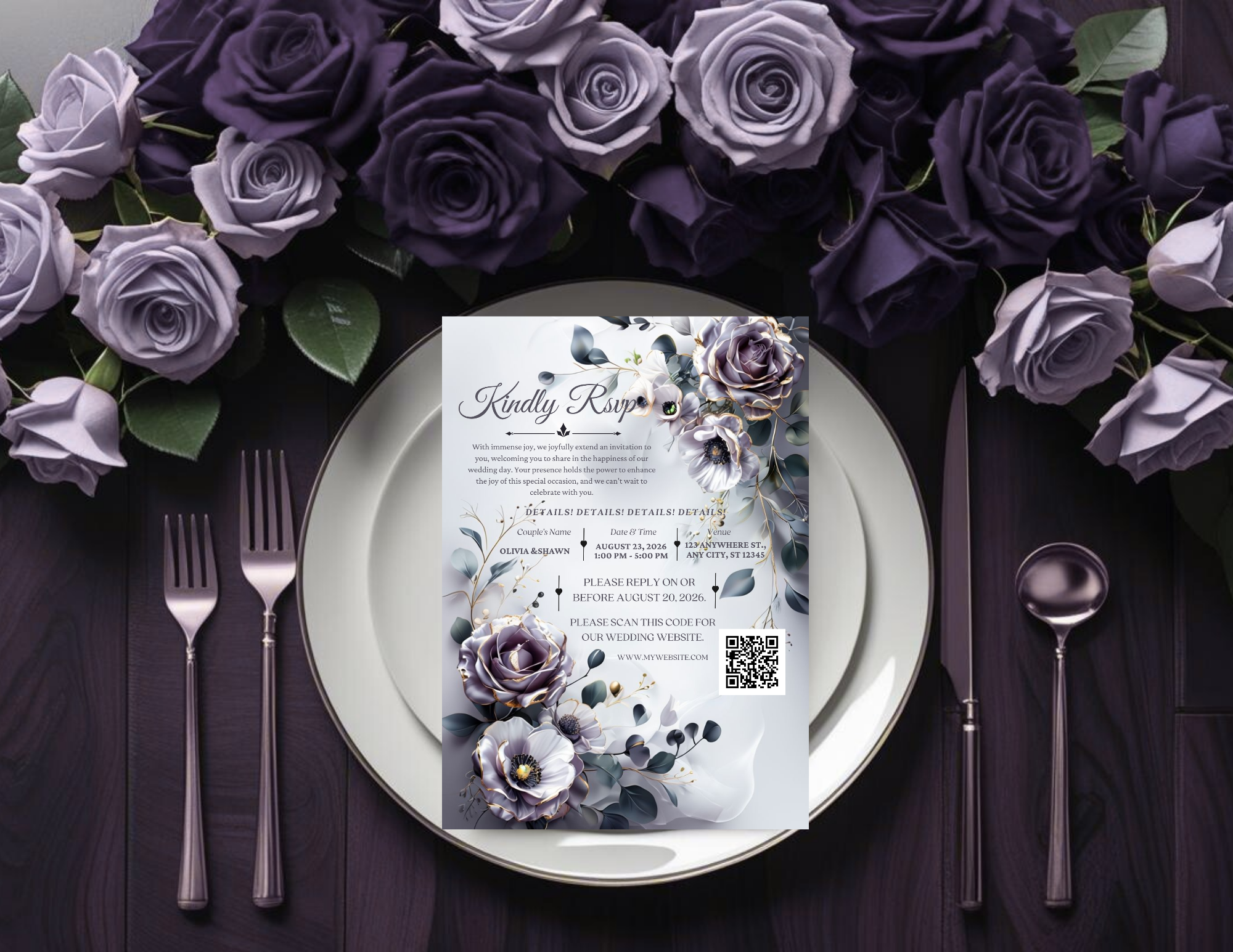Lavender Floral Wedding Invitation Template, Editable Canva Save the Date, Elegant Purple Wedding Invite, Printable & Mobile Digital Download