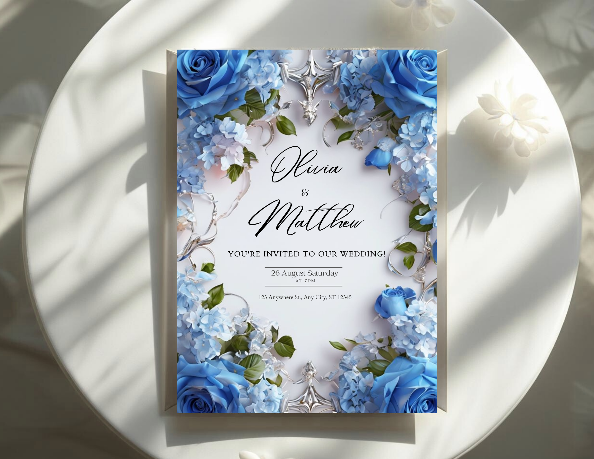 Blue Floral Digital Wedding Invitation | Printable 5x7, Mobile & Animated Invite | Editable Canva Template with RSVP