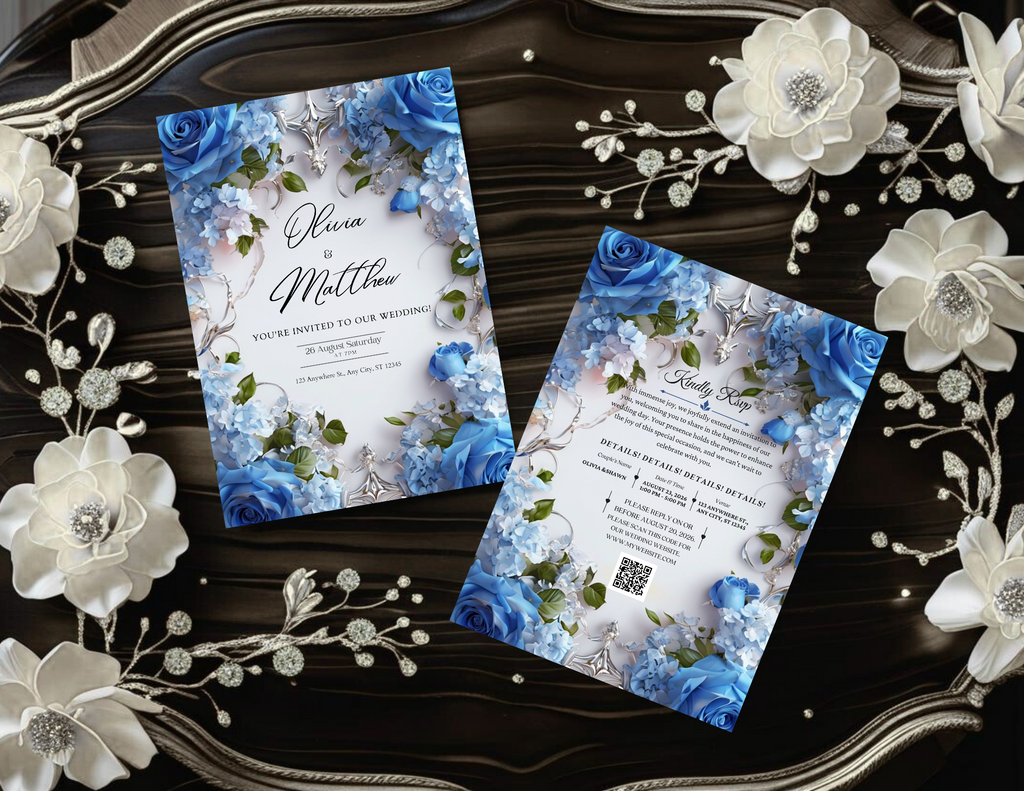 Blue Floral Digital Wedding Invitation | Printable 5x7, Mobile & Animated Invite | Editable Canva Template with RSVP
