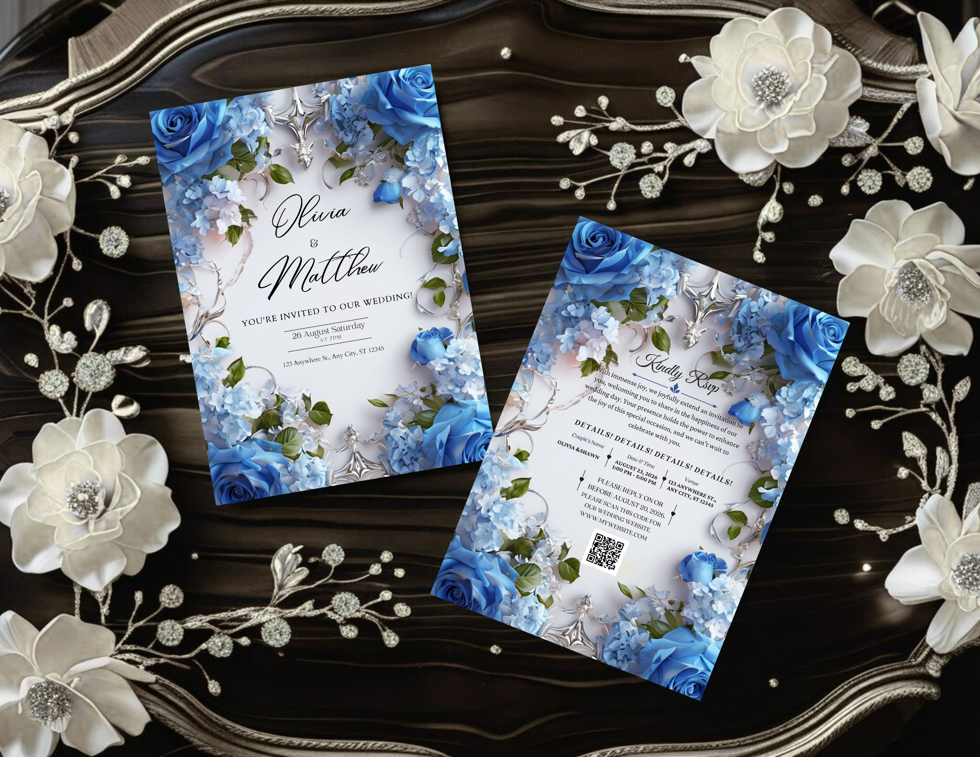 Blue Floral Digital Wedding Invitation | Printable 5x7, Mobile & Animated Invite | Editable Canva Template with RSVP